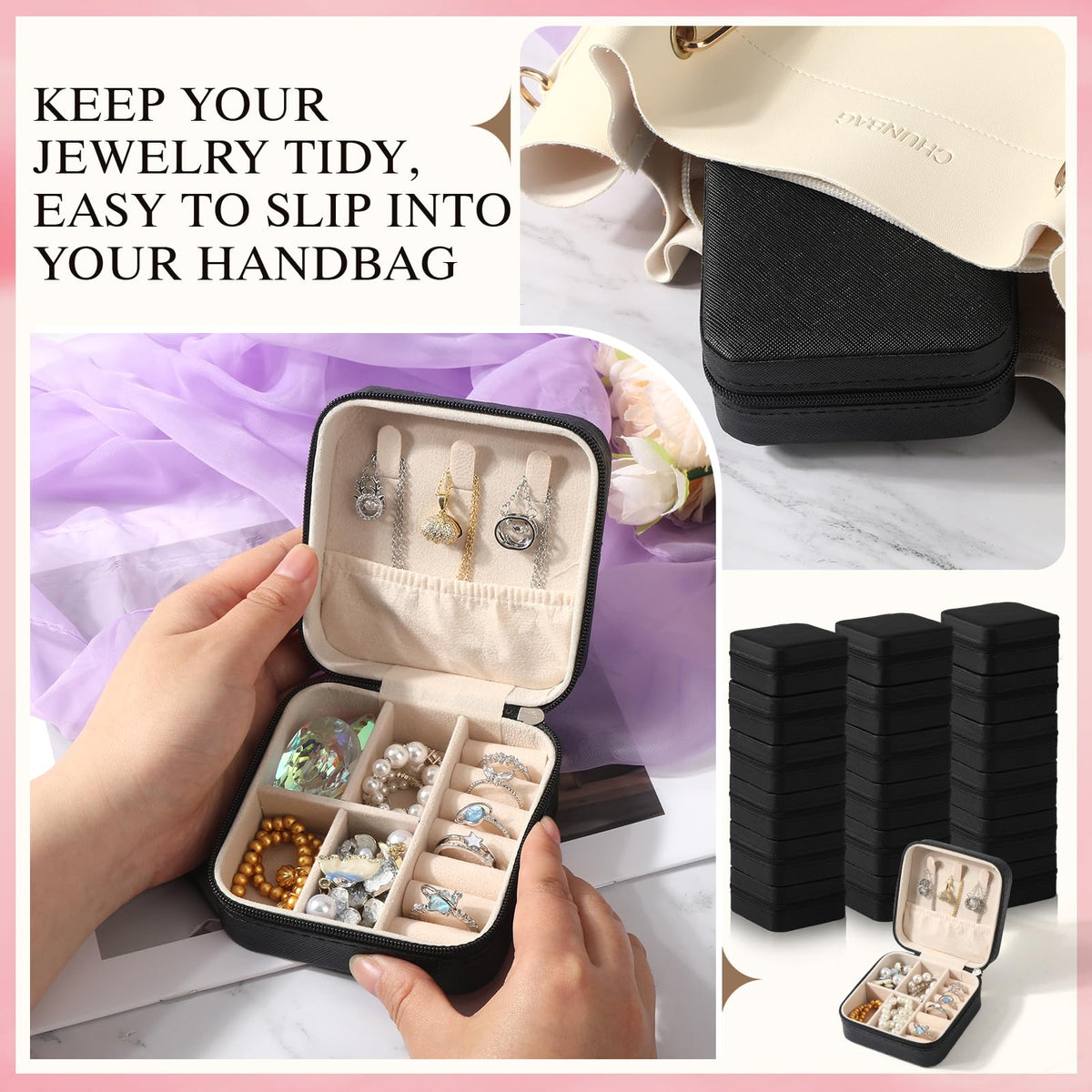 VZZNN 36 Pack Travel Jewelry Case, Small Travel Jewelry Organizer Box with Mirror, PU Leather Mini Jewelry Storage Holde