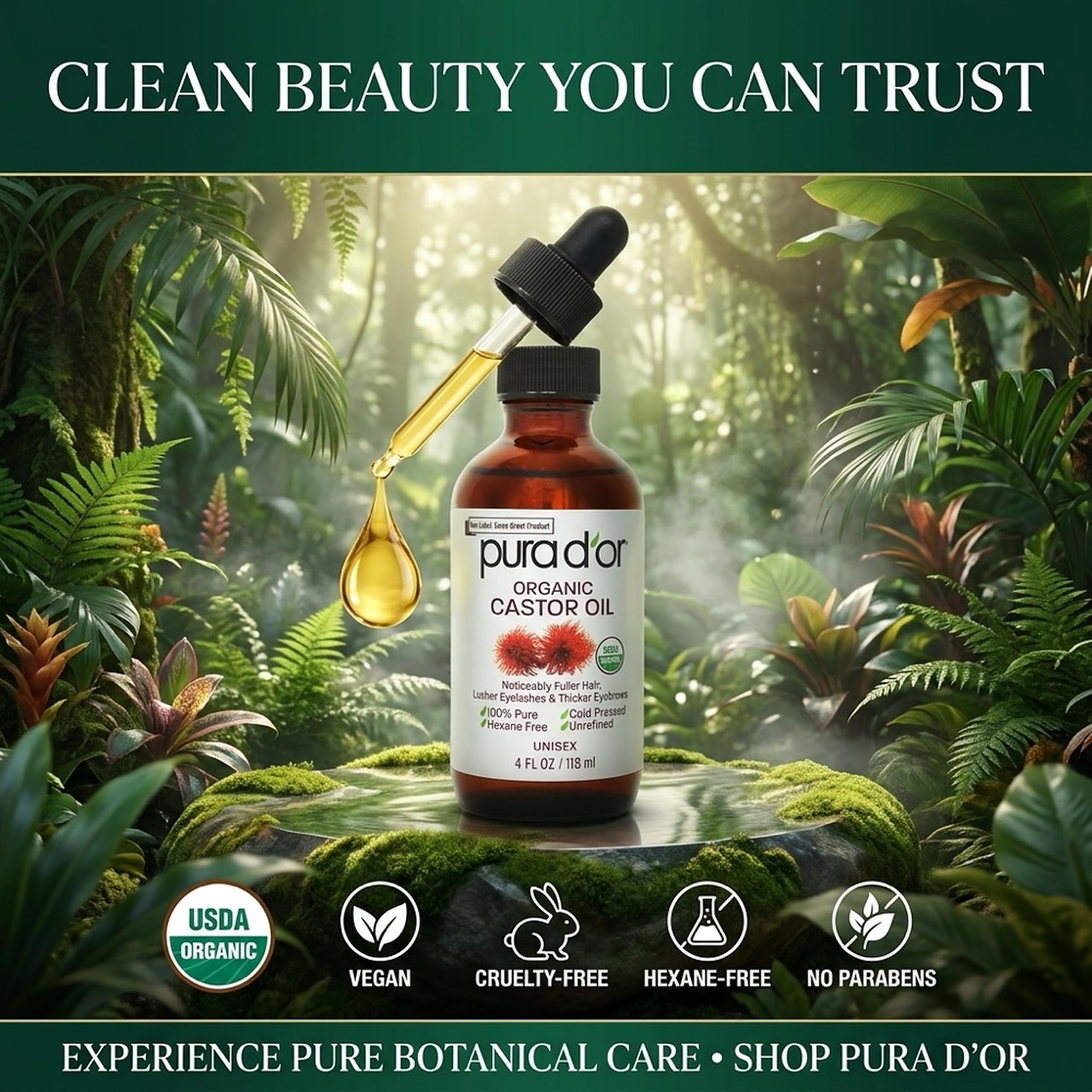 PURA D'OR ORGANIC Castor Oil Pure Cold-Pressed for Hair & Skin, 4oz