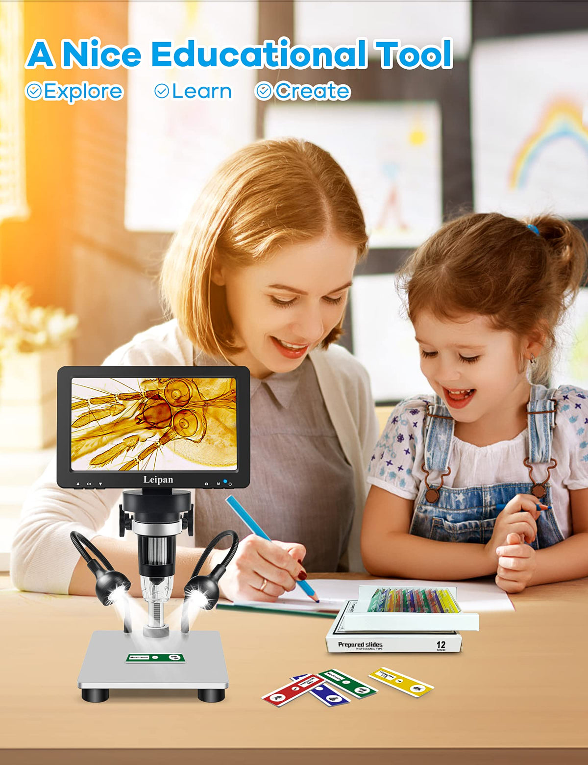 Leipan 7" LCD Digital Microscope 1200X,12MP Coin Microscope with Screen – back view and specifications