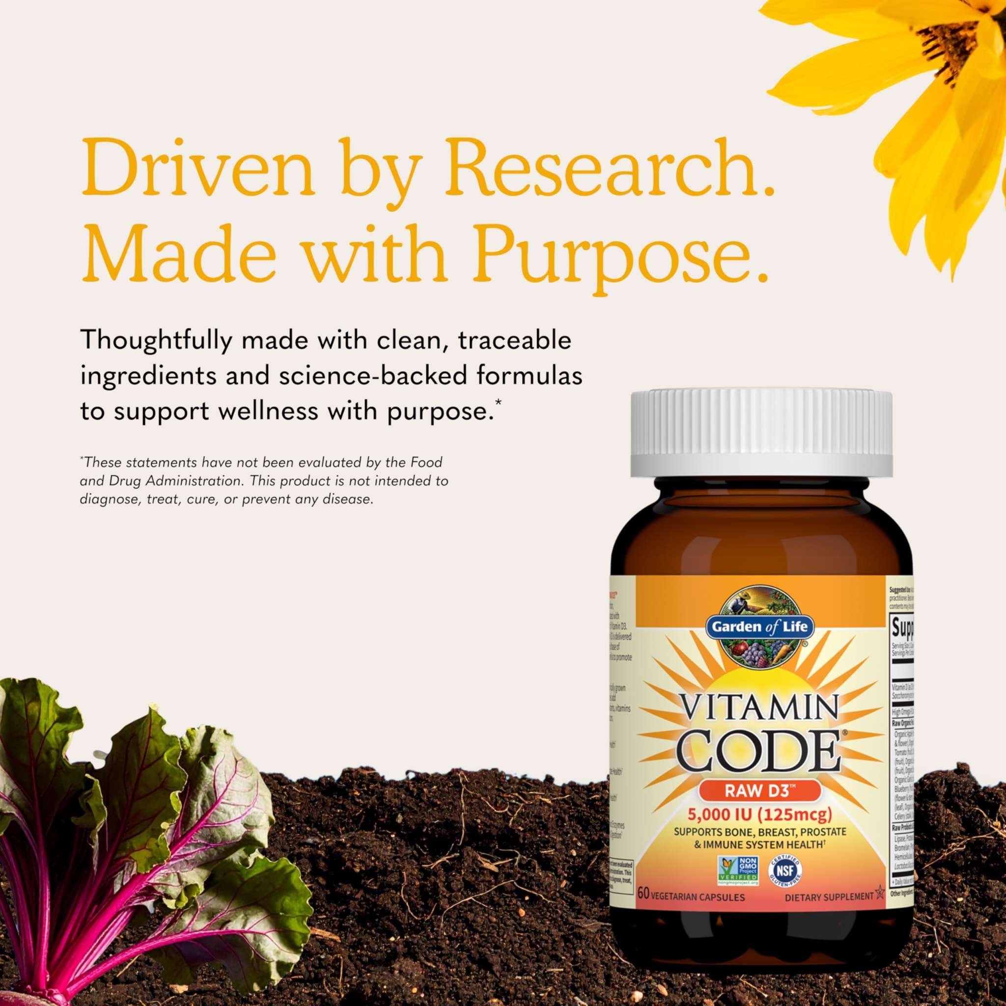 Garden of Life Vitamin D3 5000 IU supplement bottle, raw whole food vitamin D3 capsules, 60 count.