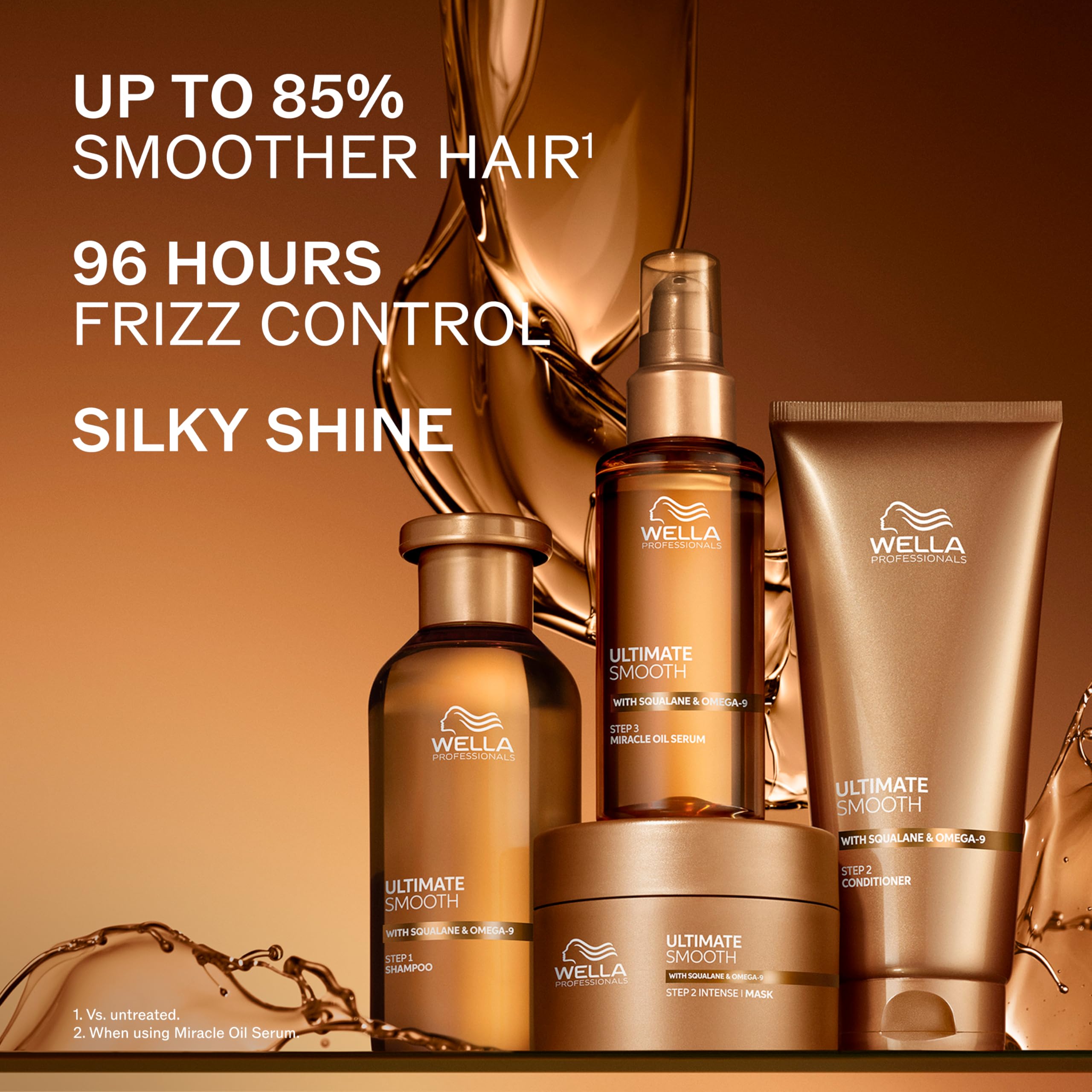 Wella Professionals Ultimate Smooth Miracle Oil Serum with Squalane, hair styling agent in a clear bottle with a pump dispenser.