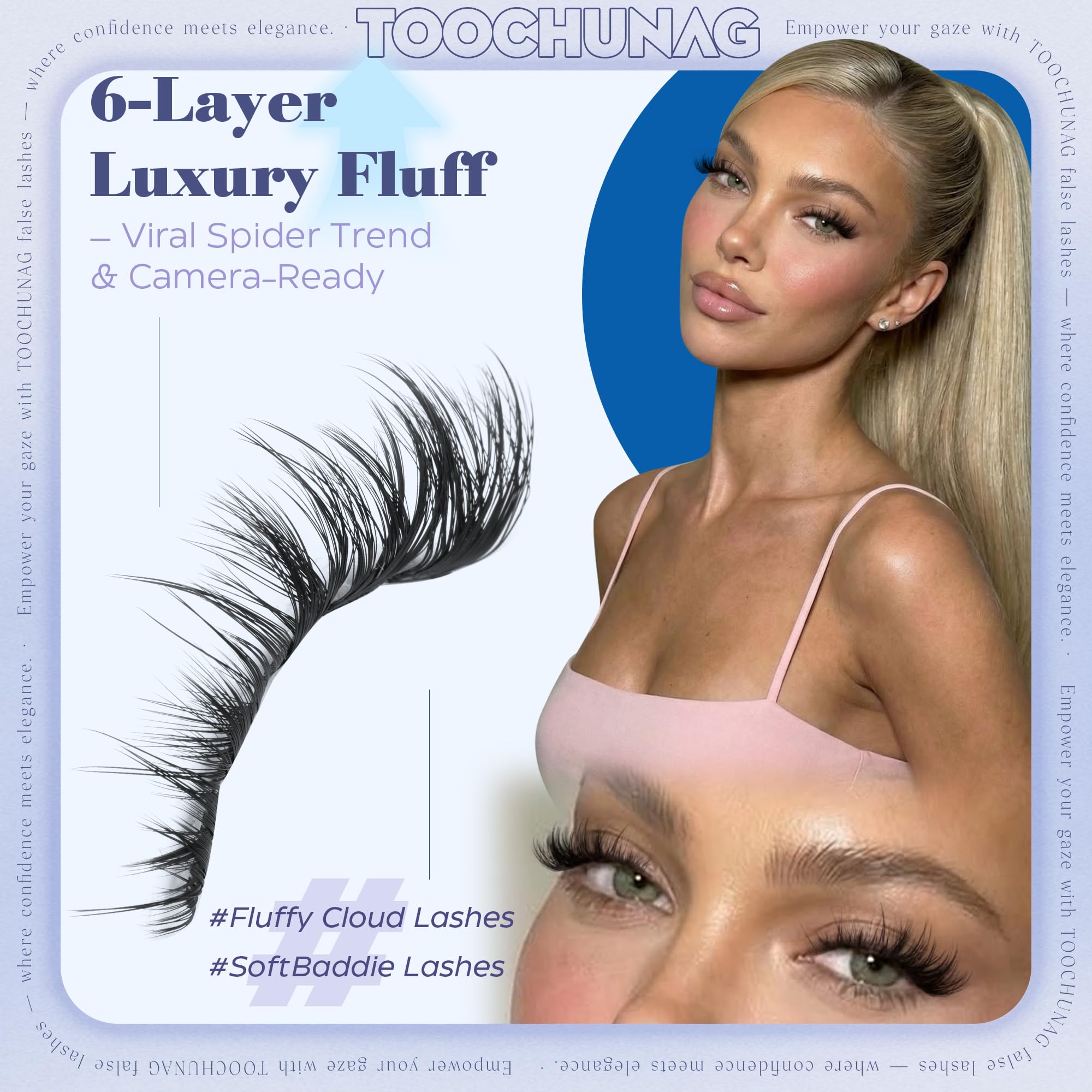 TOOCHUNAG fluffy lash clusters false eyelashes with wispy D curl design, natural volume for enhanced eye makeup looks.