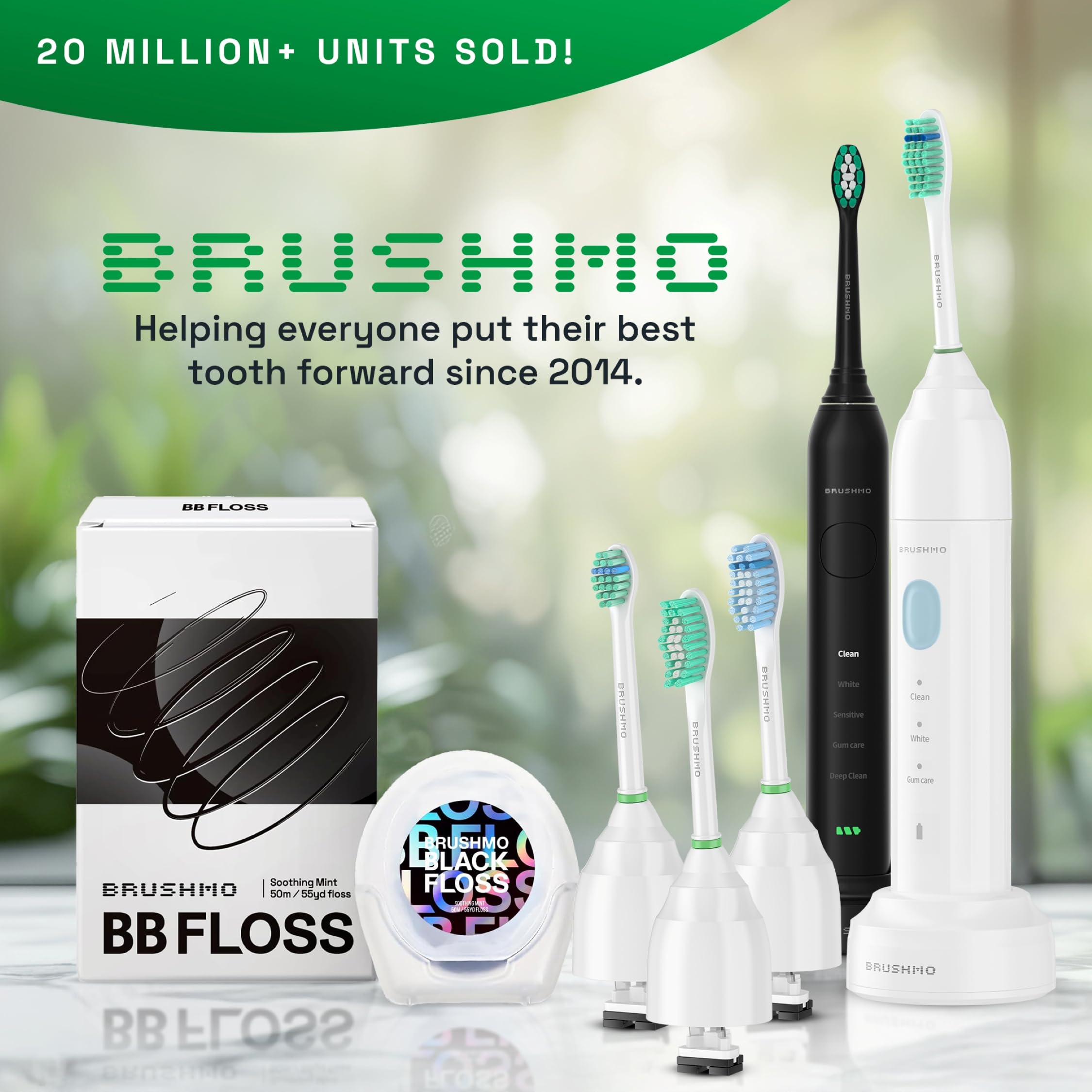 Brushmo E-Series electric sonic toothbrush head with white bristles, compatible with Rechargeable Sonic Toothbrush for adults.