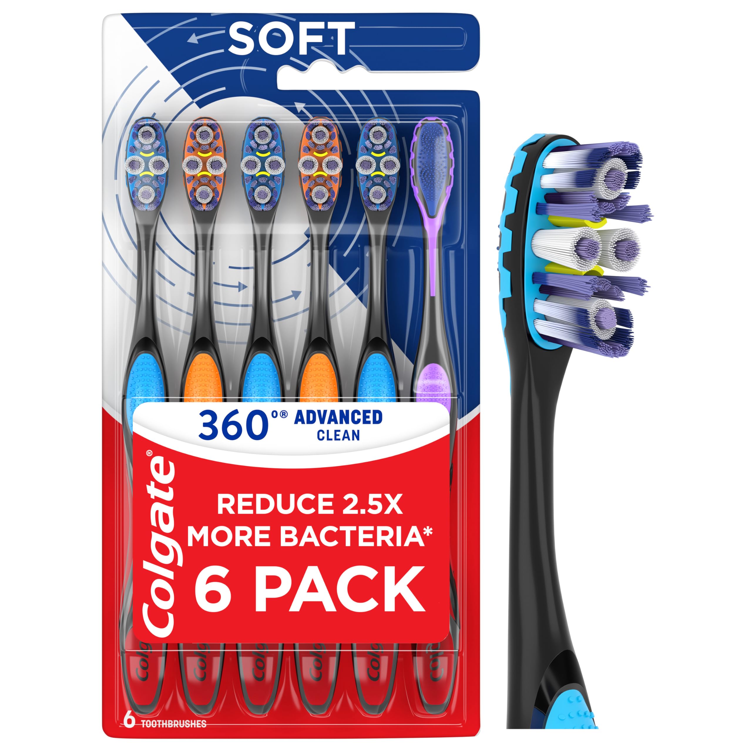 Colgate 360 Advanced Clean Floss Tip Soft Toothbrushes, 6 Pack - Product Imagery