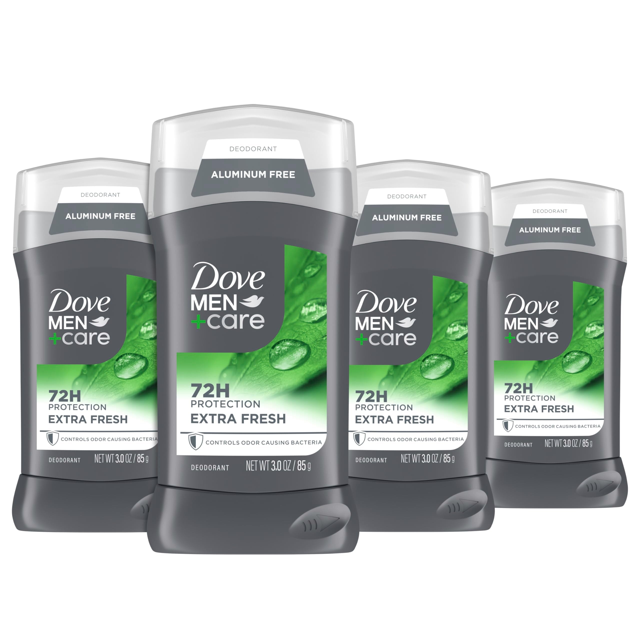 Dove Men+Care Extra Fresh deodorant stick 3 oz, 4-pack, showing silver and blue packaging with refreshing scent design