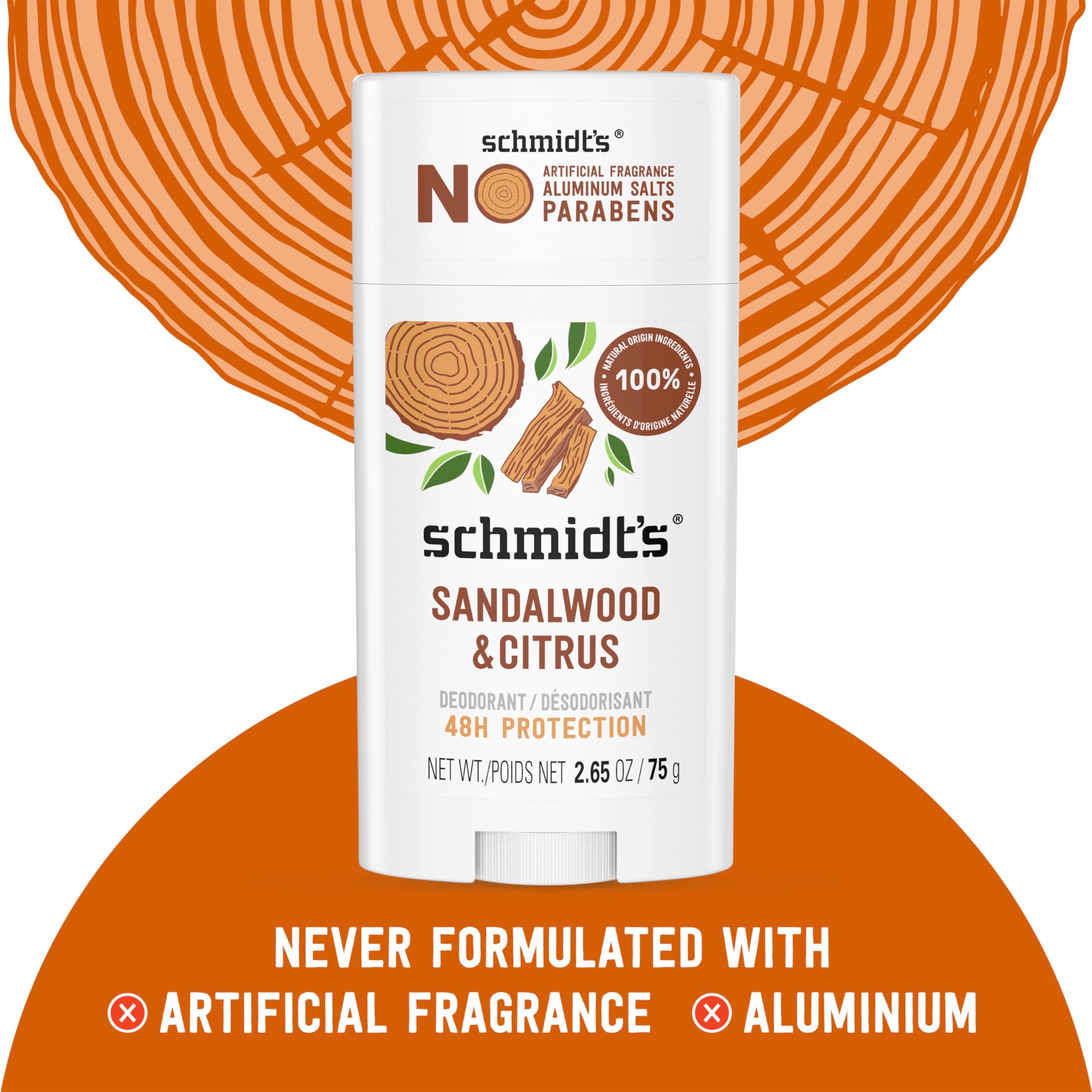 Schmidt's natural deodorant sandalwood and citrus 2-pack, body deodorant sticks with fresh scent, in white packaging.