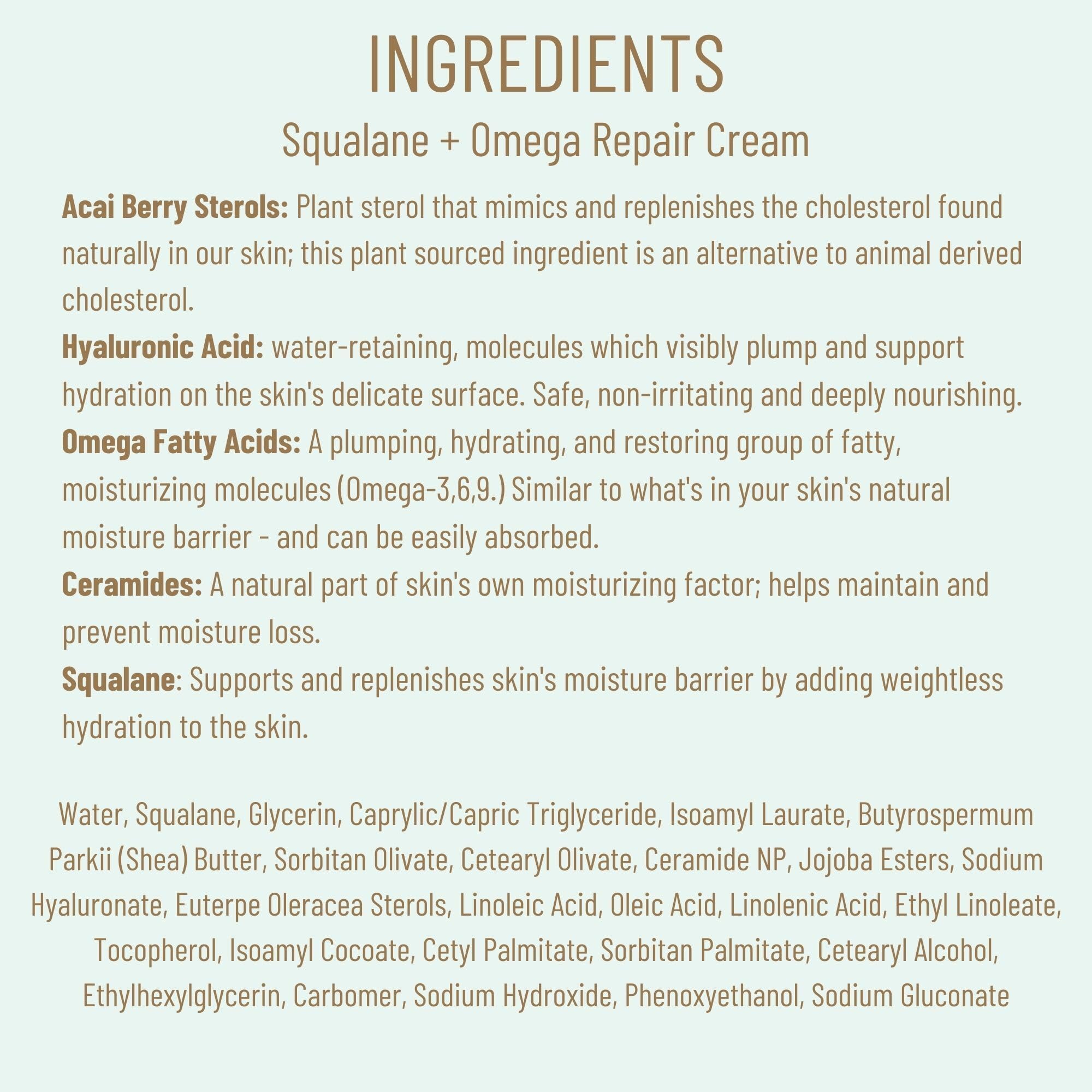BIOSSANCE Squalane + Omega Repair Cream face moisturizer in 1.7oz jar, showing the creamy texture and product packaging.