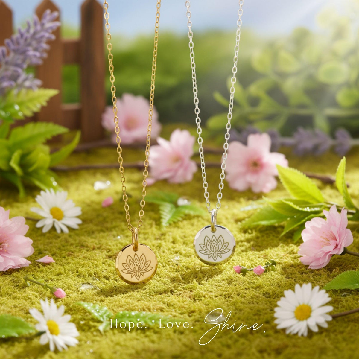 HOPE LOVE SHINE Inspirational Necklaces Women Sterling Silver Gold – back view and specifications