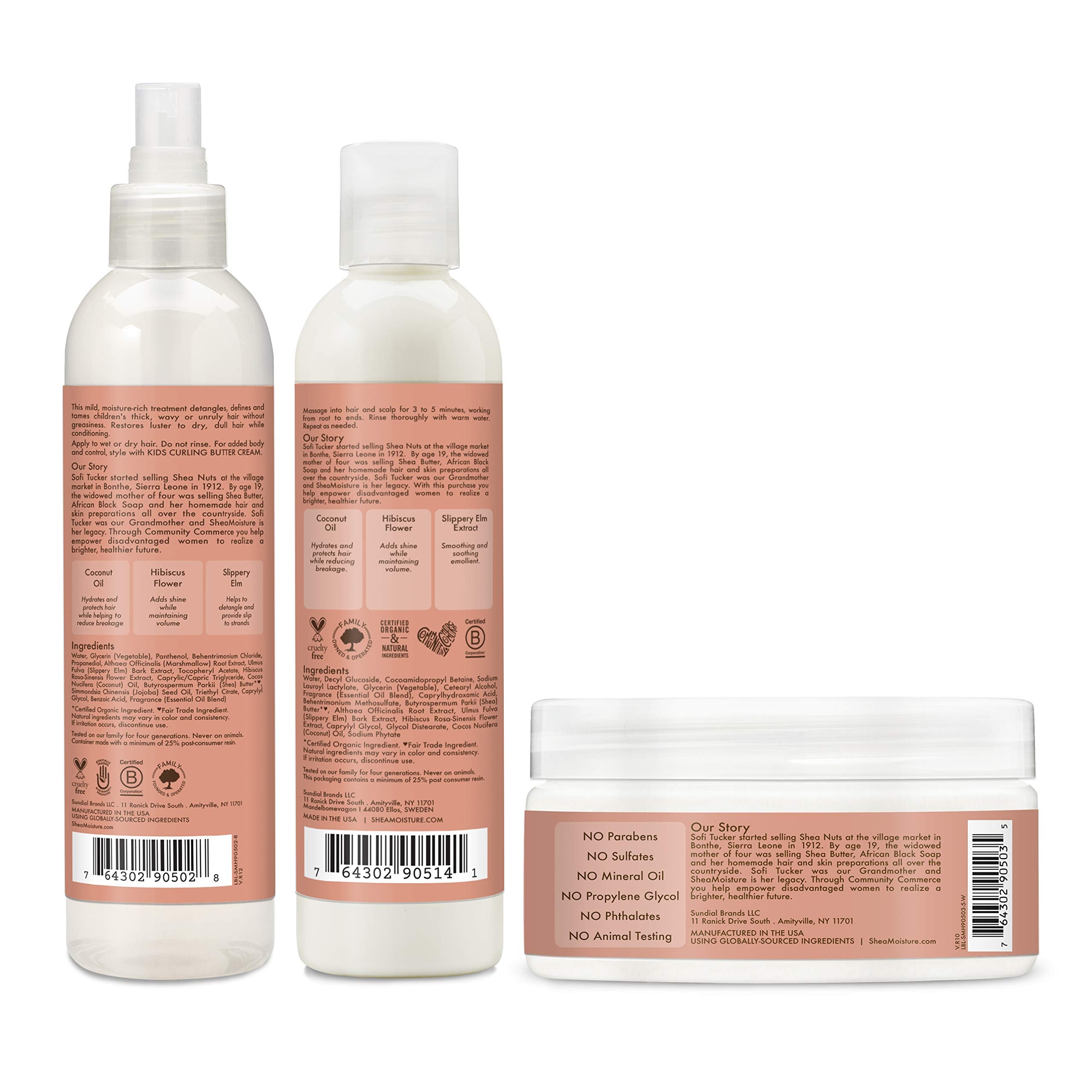 SheaMoisture Kids Curl Care Collection 3-piece set with gentle shampoo, conditioner, and styling cream for curly hair.
