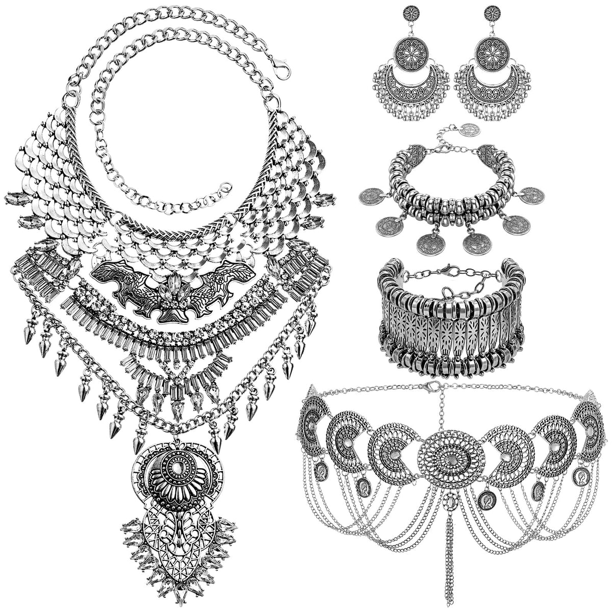 Liliaafar 5 Pcs Boho Jewelry Set Waist Chain, Coin Statement Necklace, Coin Hand Bracelet Dangle Earrings for Women Silv