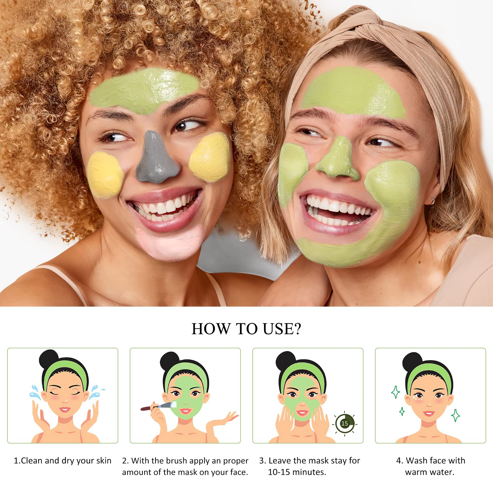 SHVYOG 4-pack face mask set with turmeric, vitamin C, green tea, rose, and Dead Sea mud masks for deep cleansing and pore refining.