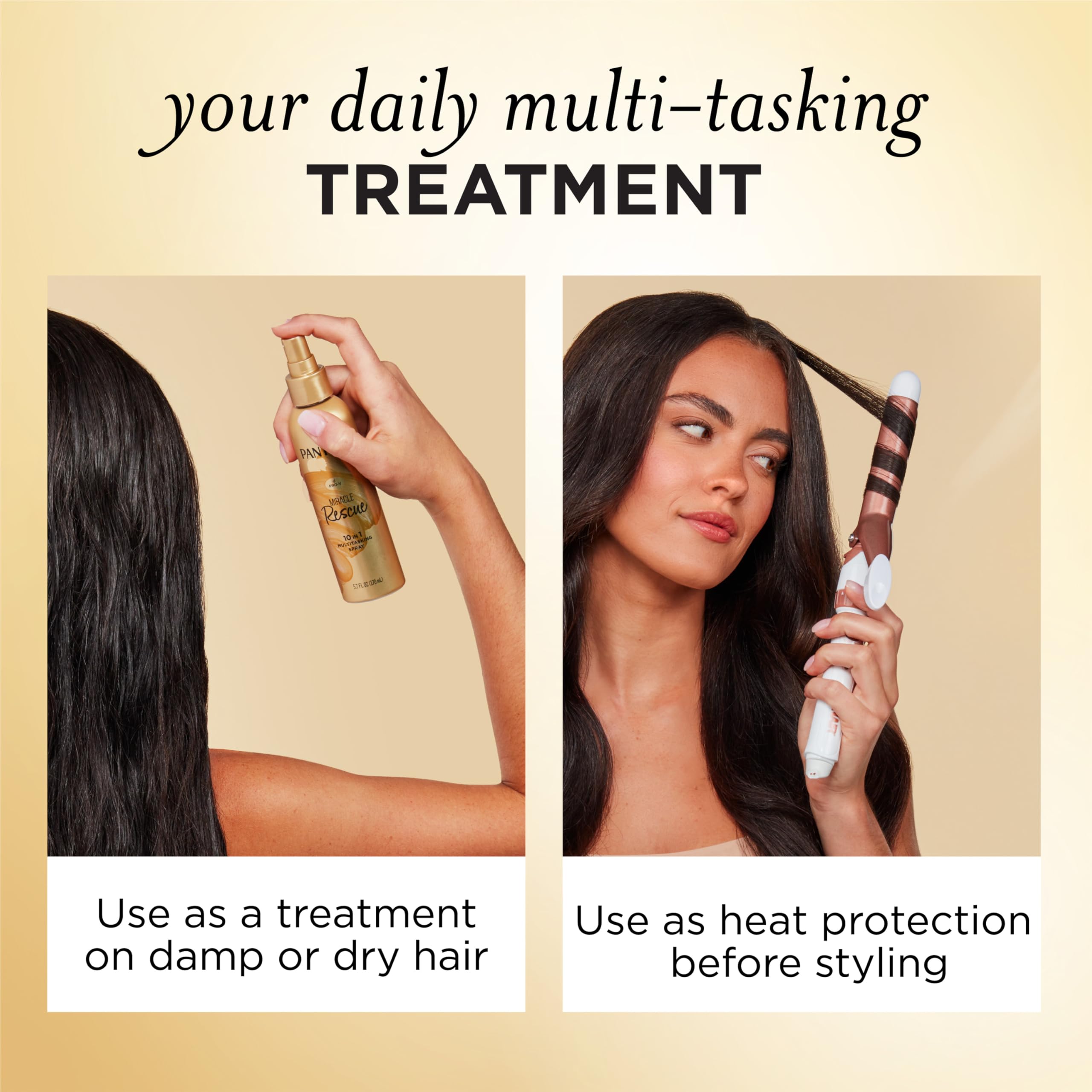 Pantene Miracle Rescue 10-in-1 multitasking hair spray bottle showing the conditioner packaging and spray nozzle.