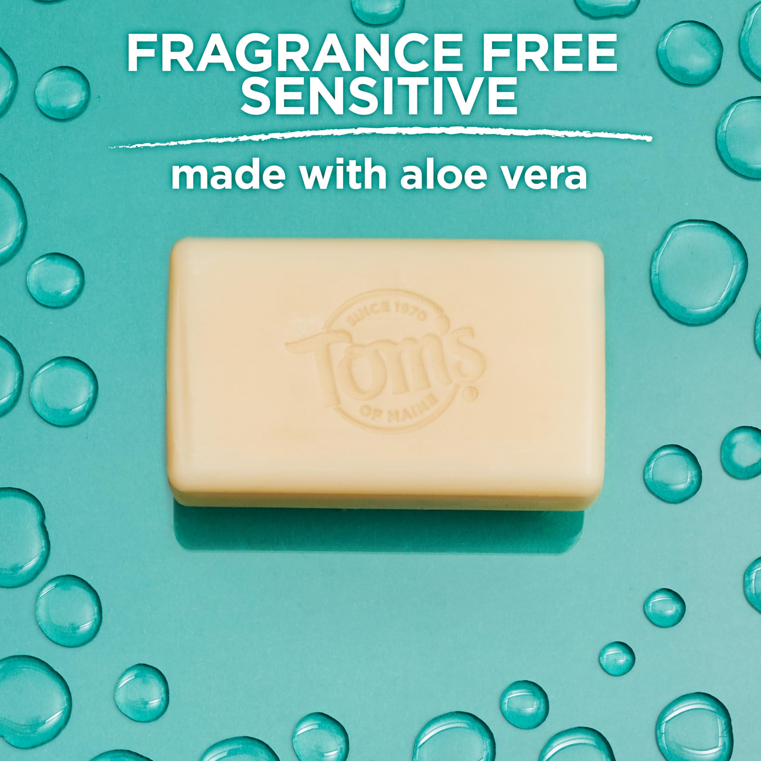 Tom's of Maine fragrance-free natural beauty bar soap, 5 oz, in a 6-pack, shown with clean, lathered soap bars.
