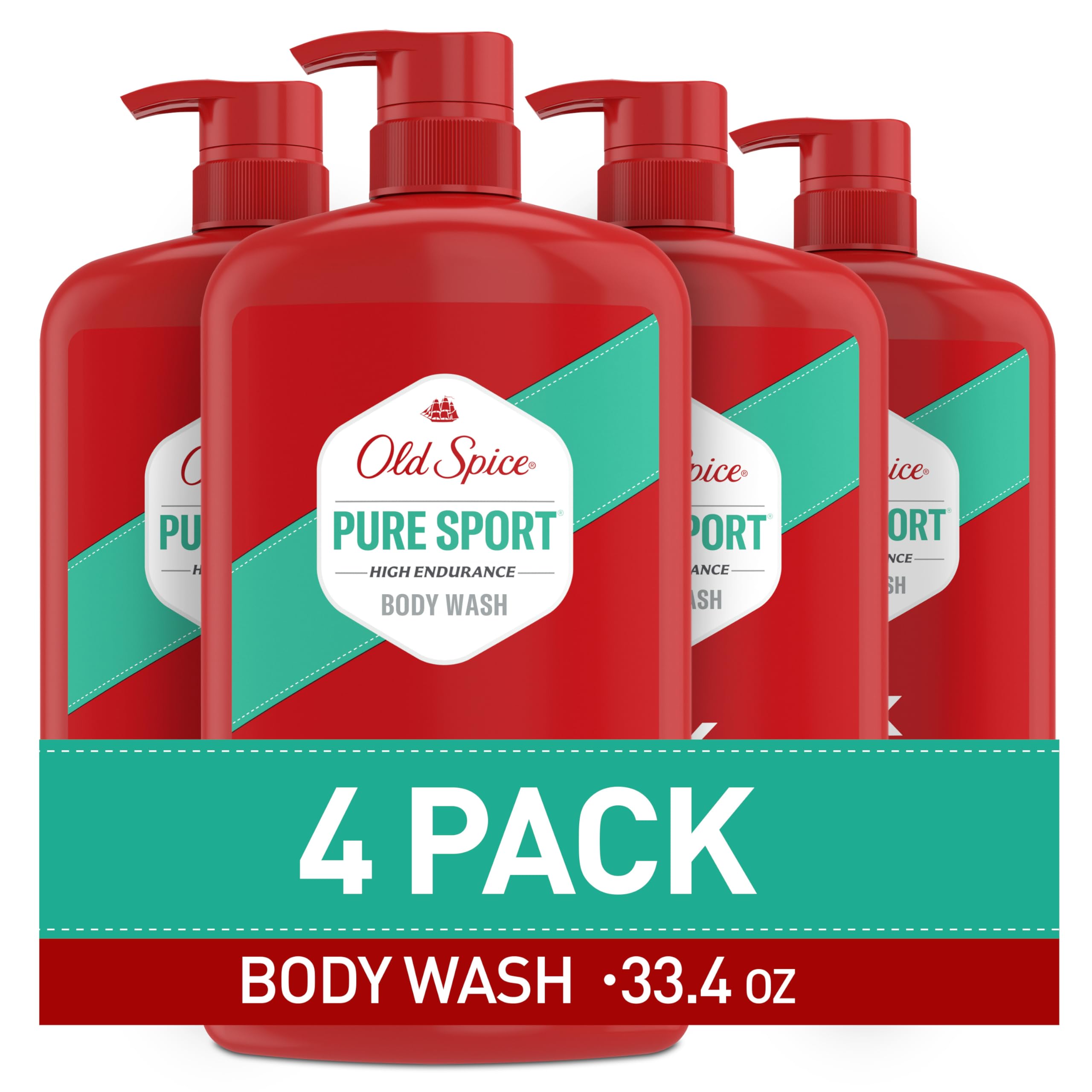 Old Spice High Endurance Body Wash Pure Sport in a 33.4oz bottle, shown in a pack of four, with fresh and sporty packaging.