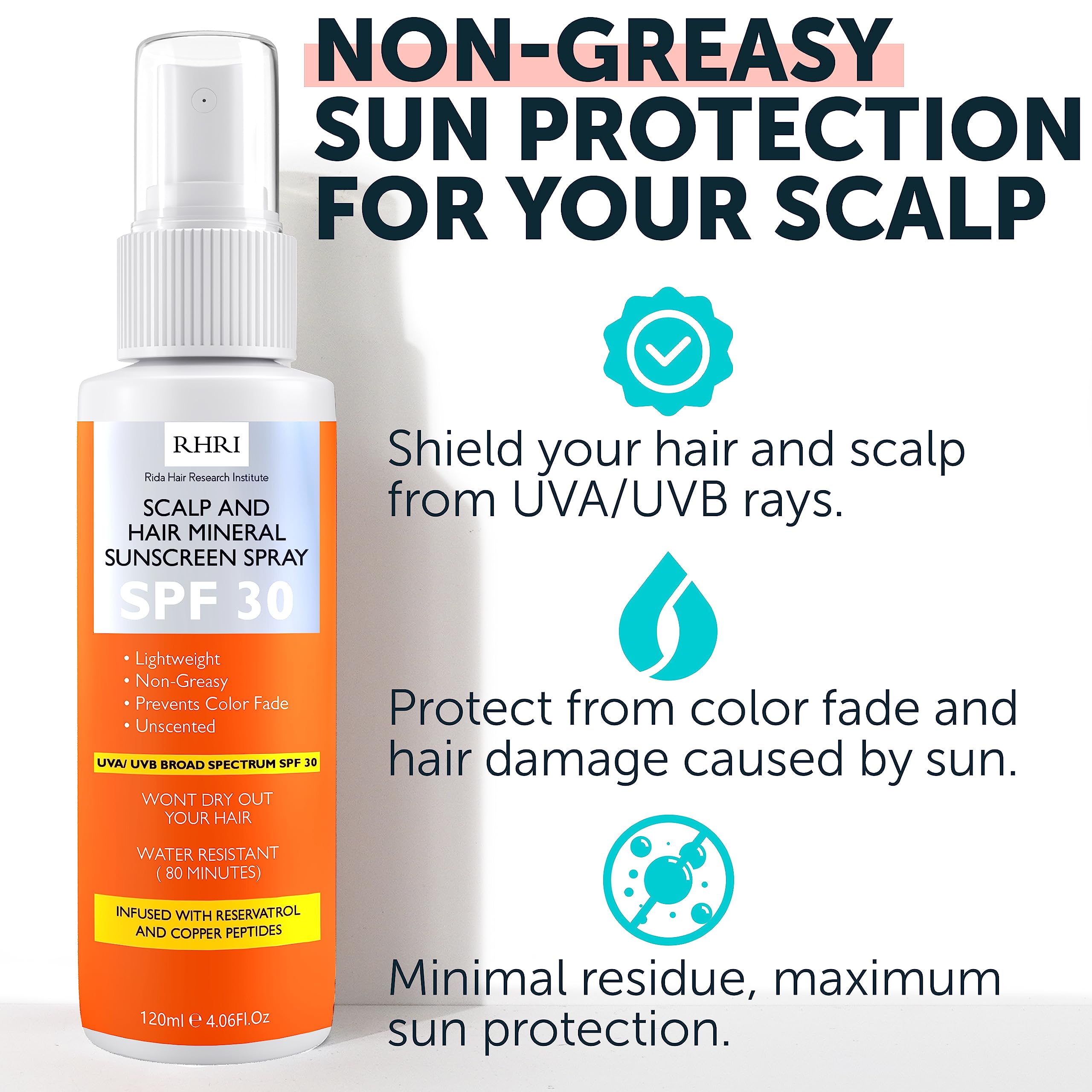 Rida Hair Research Institute SPF 30 hair sunscreen spray bottle with UV protection for scalp and hair.