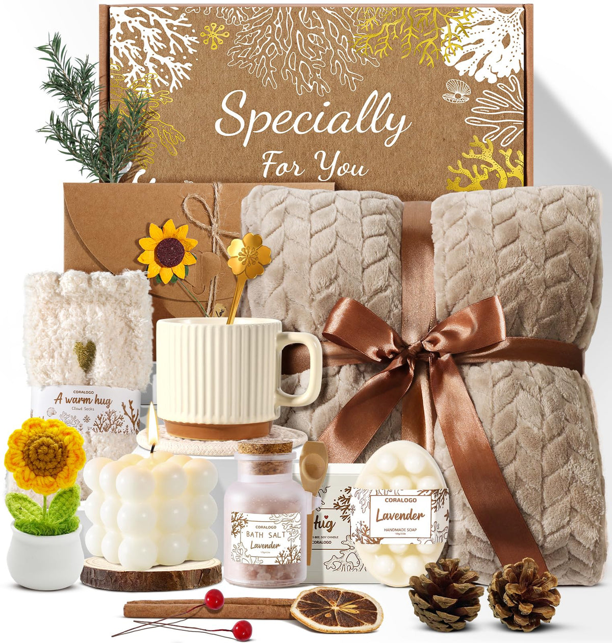 Coralogo 11pcs Spa Gift Baskets for Women, Sunflower Self Care Set, Brown – product photo (Sets &amp; Kits)