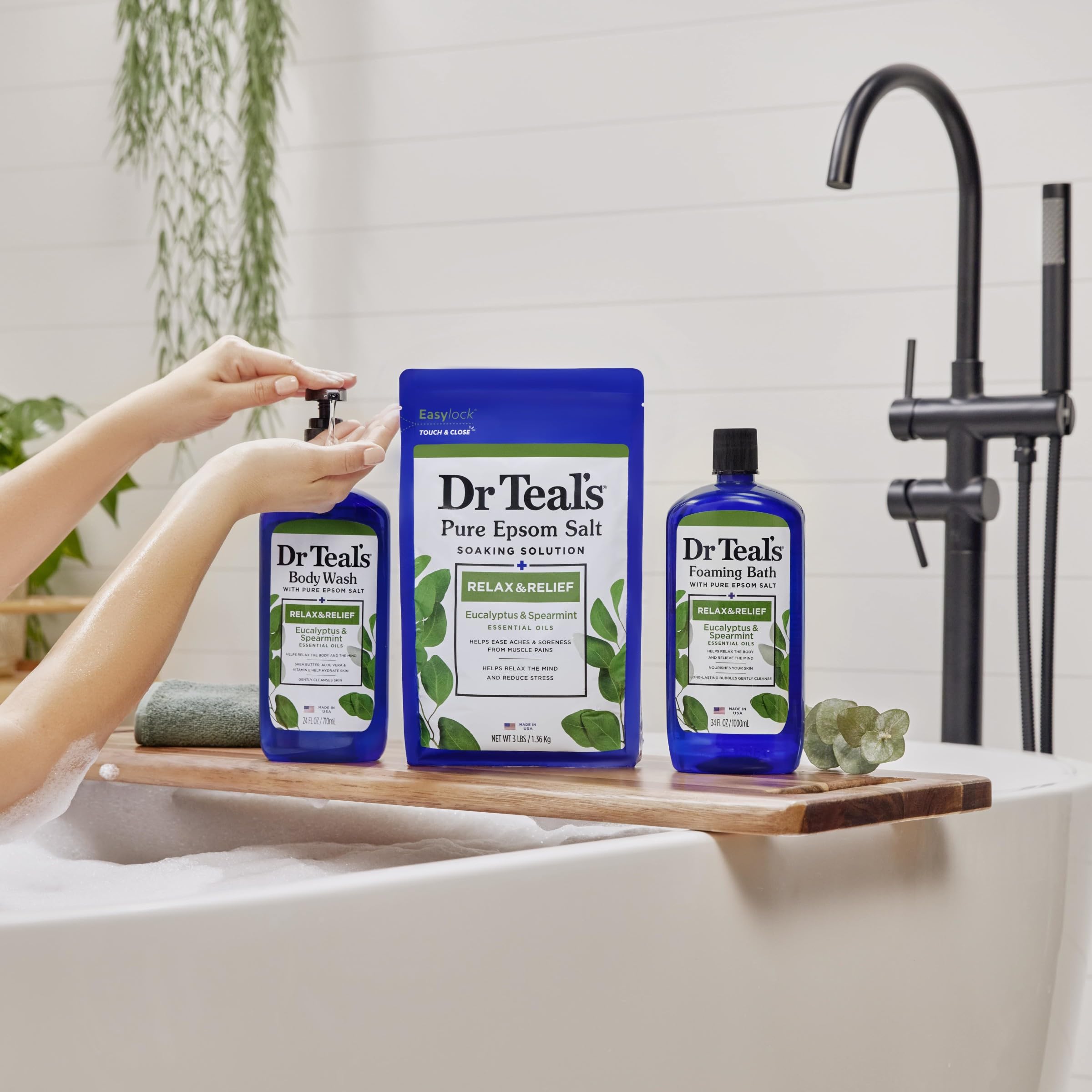 Dr Teal's Eucalyptus and Spearmint body wash bottles, 24 fl oz each, in a pack of two, showing the product labels and packaging