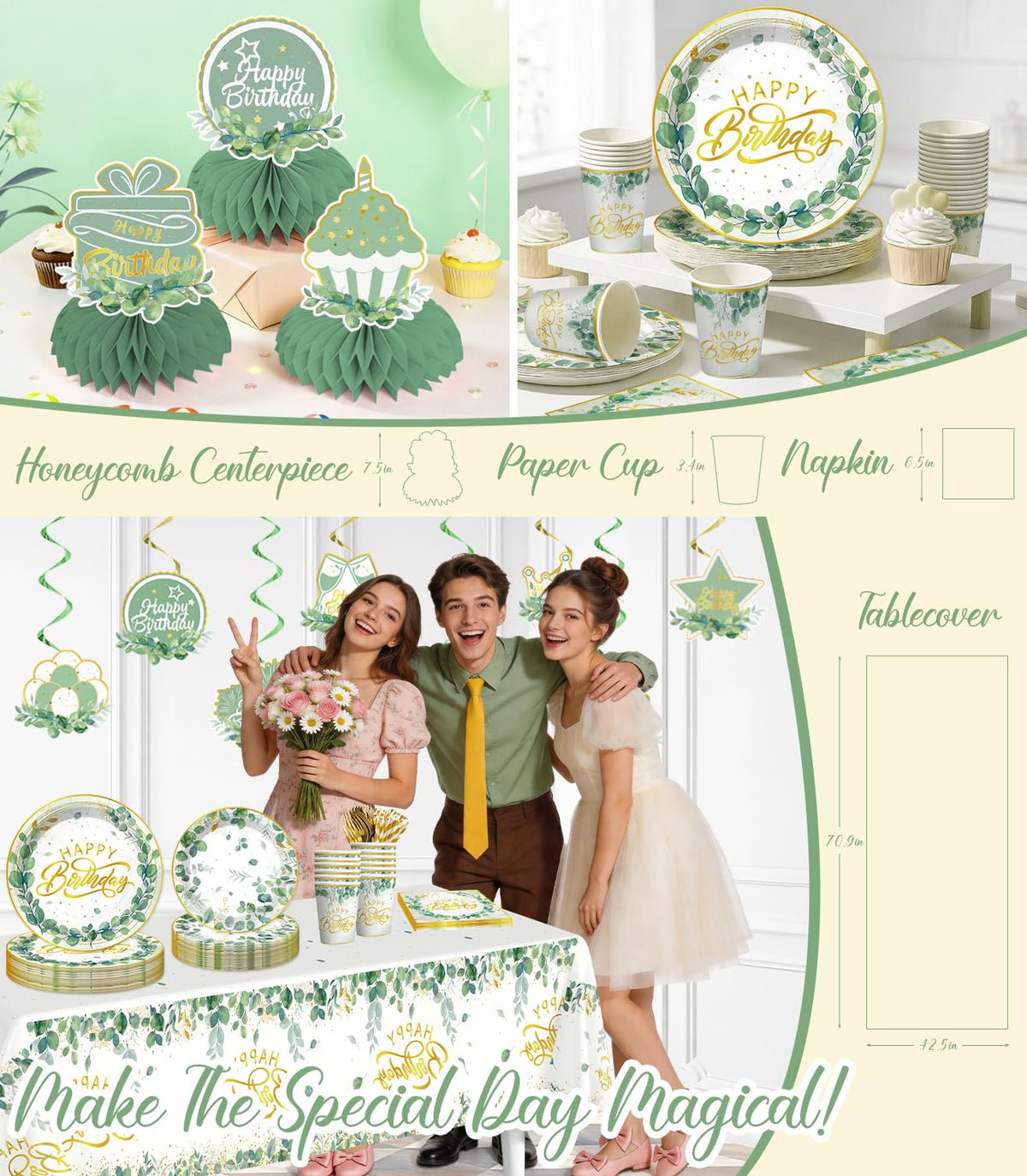 cocomigo 305pcs Sage Green Birthday Decorations Party Set, for 25 Guests