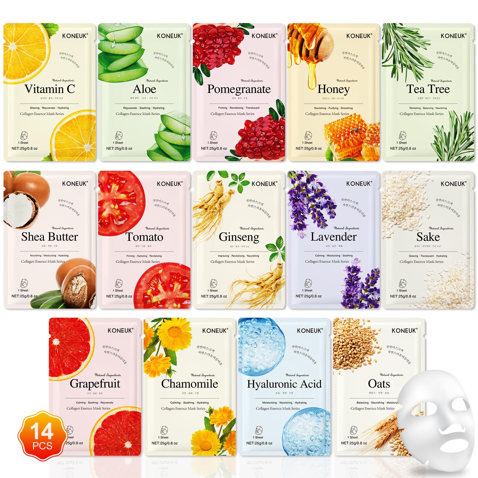 KONEUK 14 Pack Sheet Face Masks Skincare, Hydrating Face Masks - Product Imagery