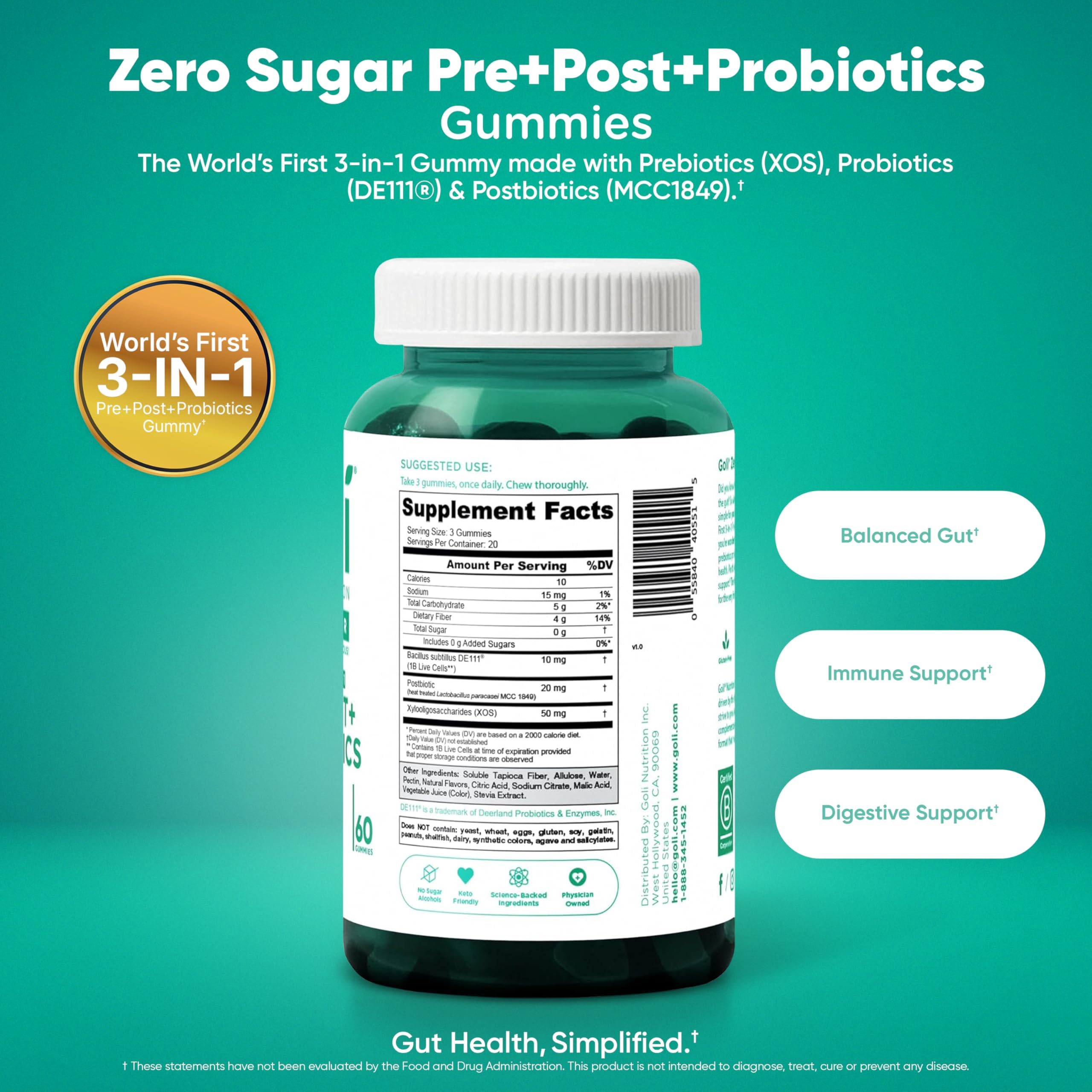 Goli Zero Sugar Trio 3-in-1 Probiotic ACV Gummies 180ct