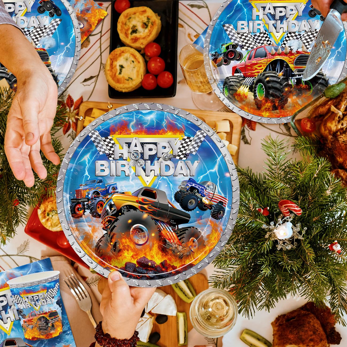 JVORFDG 177pcs Monster Truck Birthday Decorations Plates Napkins Tableware Set – product photo (Party Packs)