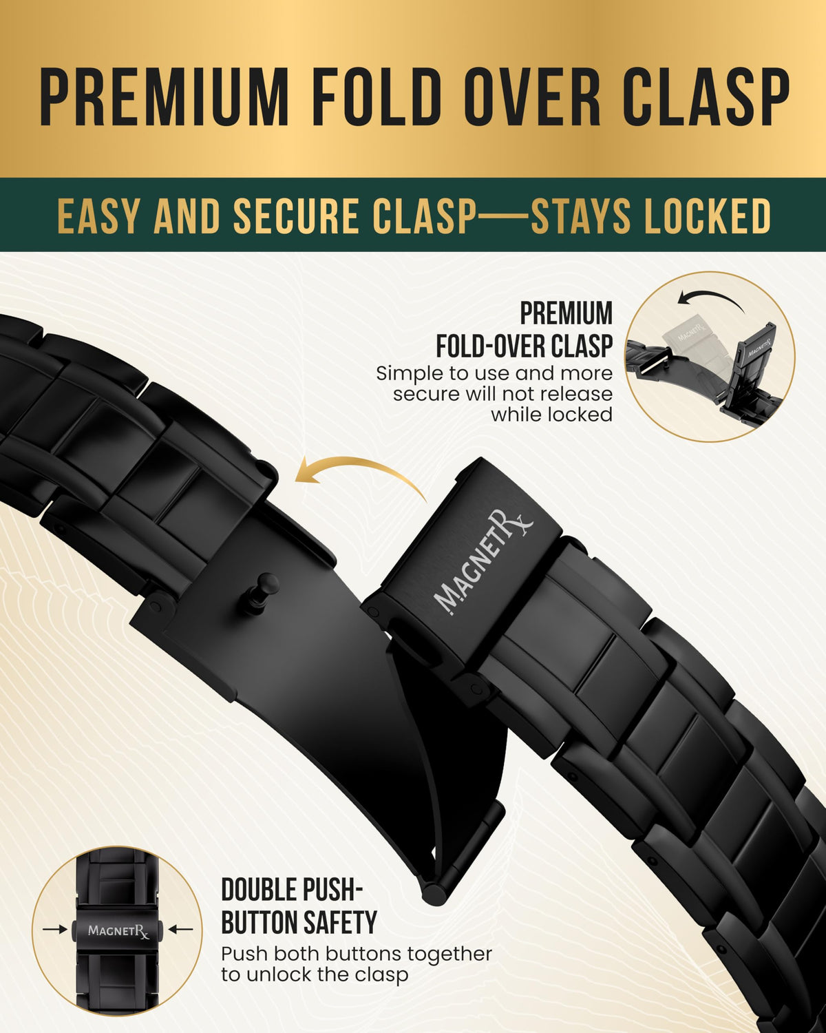 MagnetRX® 3X Strength Titanium Magnetic Bracelets for Men (Black) – back view and specifications