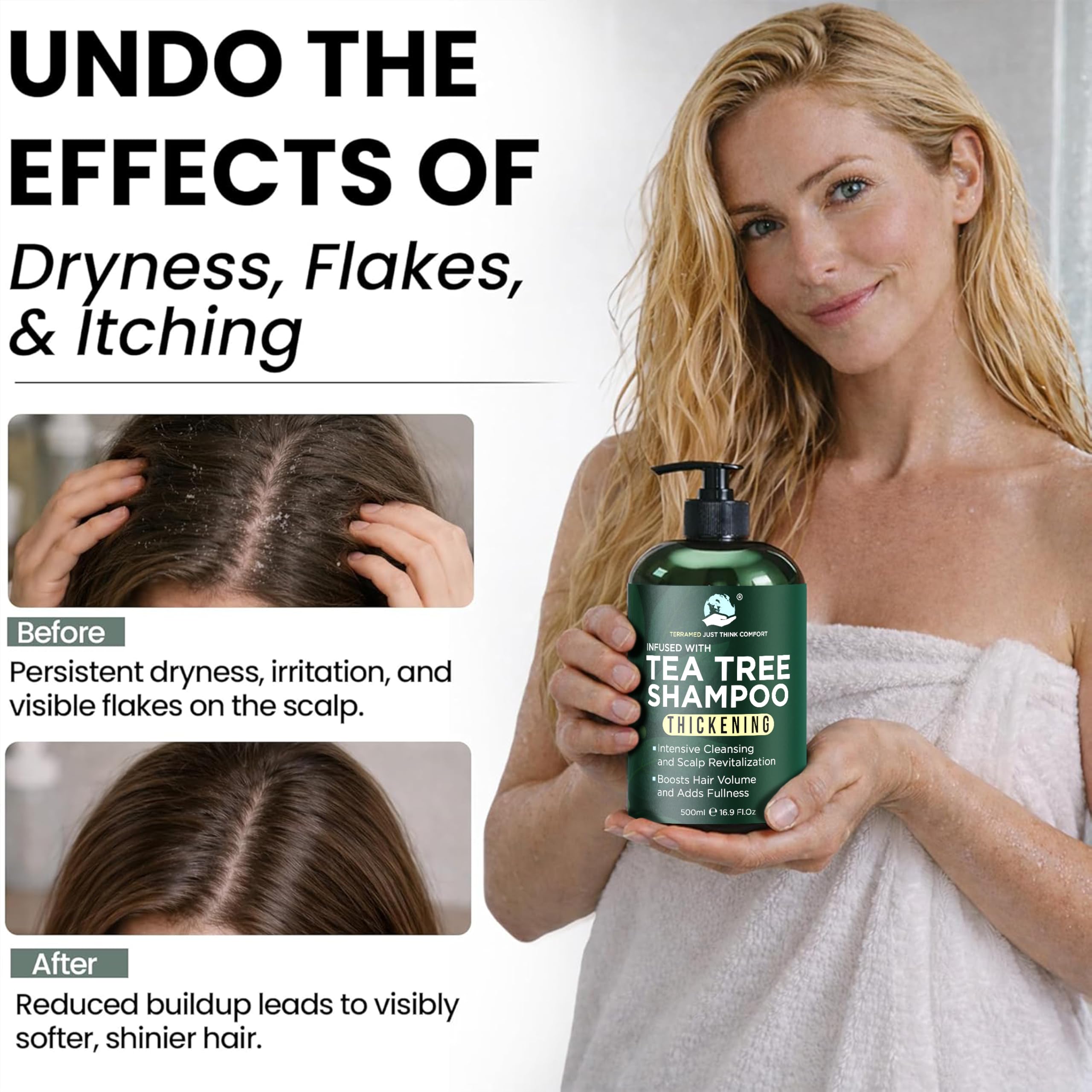 Terramed Just Think Comfort tea tree shampoo and conditioner set for clarifying hair growth and hair loss treatment.