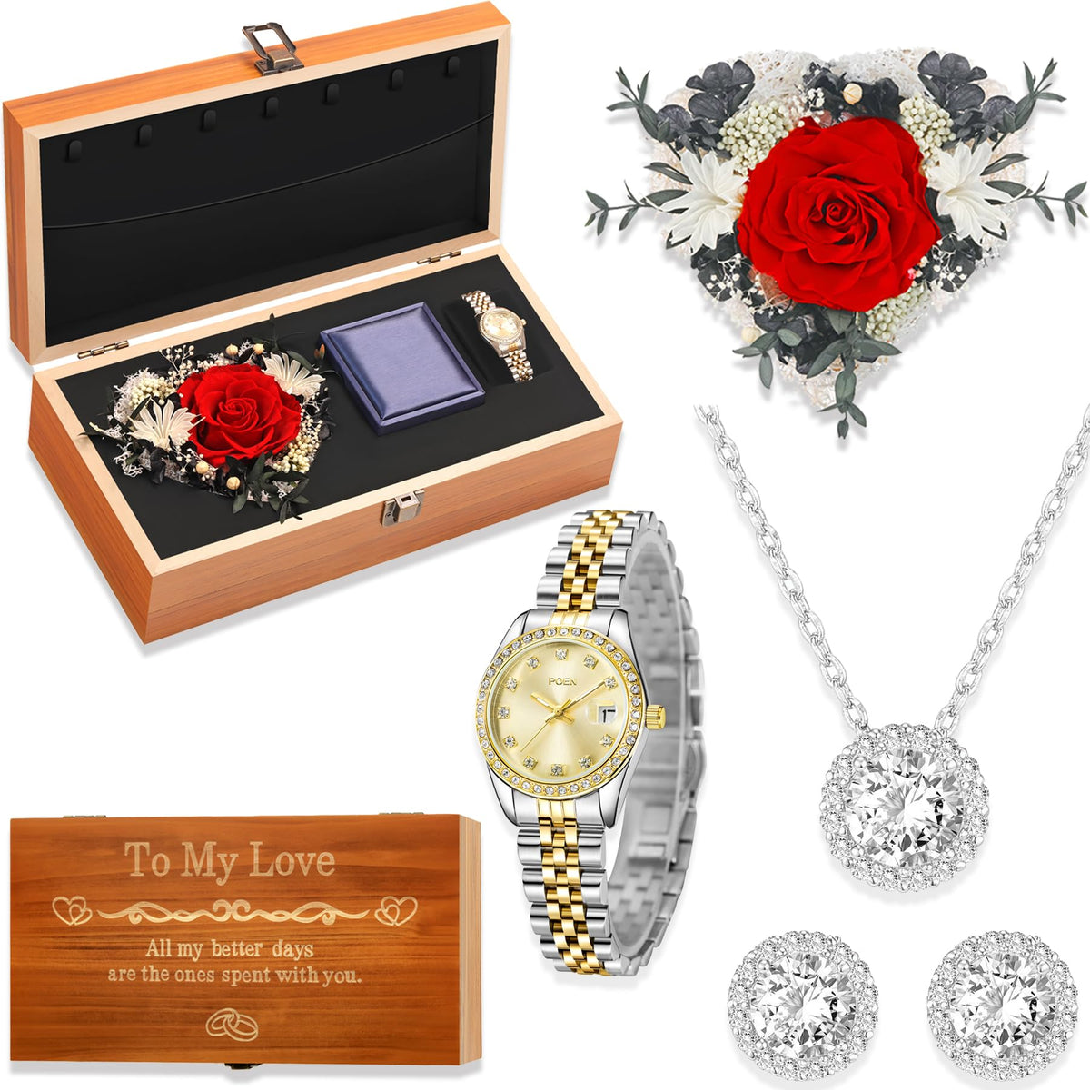 Birthday Gifts for Women Preserved Roses Jewelry Set 925 - Pttozan Official Imagery - 1
