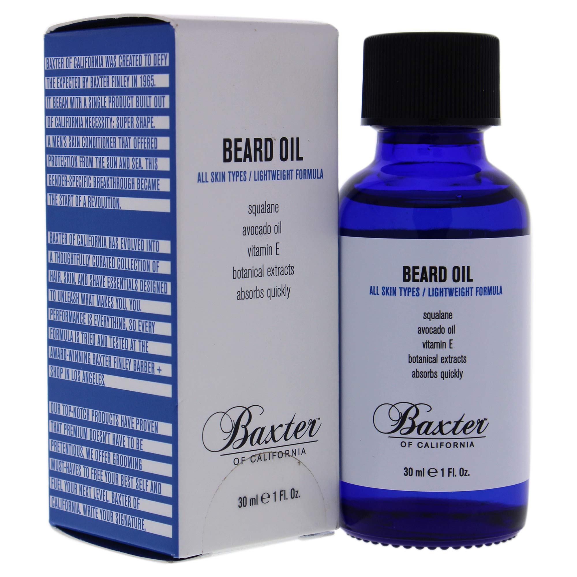 Baxter of California beard grooming oil in a 1 oz bottle, moisturizing and conditioning facial hair and skin.