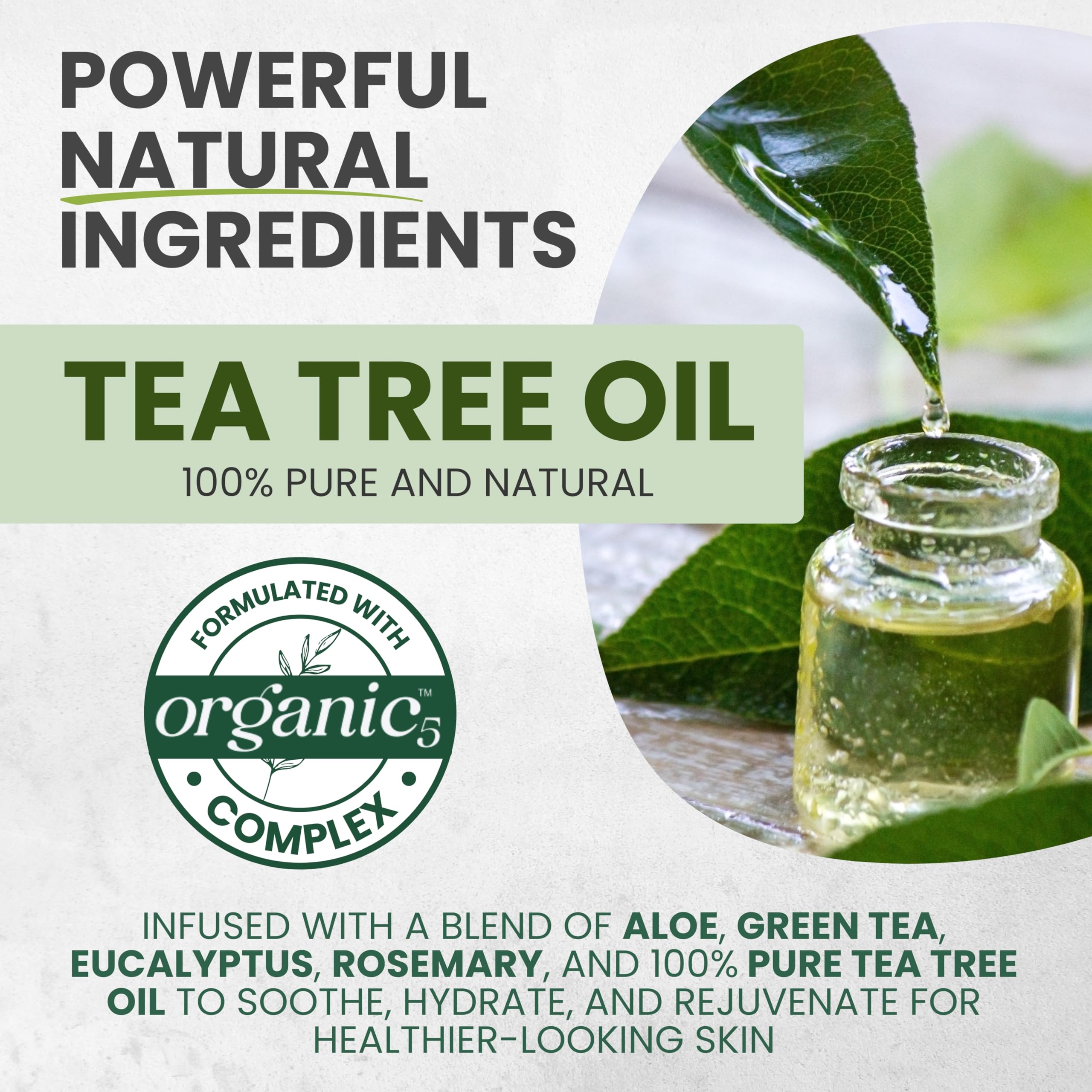KESMEDIK Tea Tree Body Wash with 100% tea tree oil, 16 oz bottle showing the clear liquid and label with tea tree illustrations.