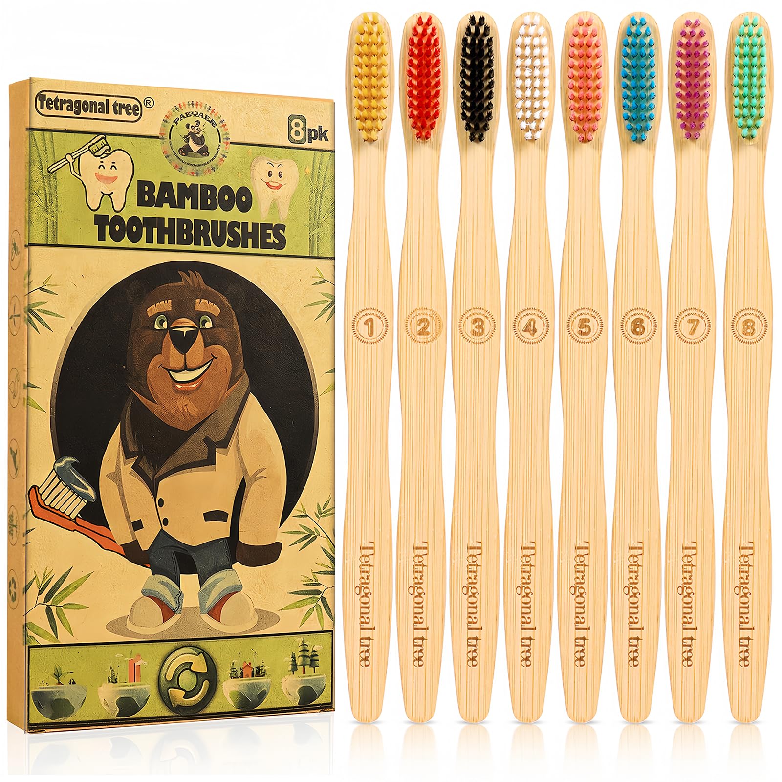 Set of 8 Tetragonal Tree Bamboo Toothbrushes with soft bristles, eco-friendly design, displayed on a white background.