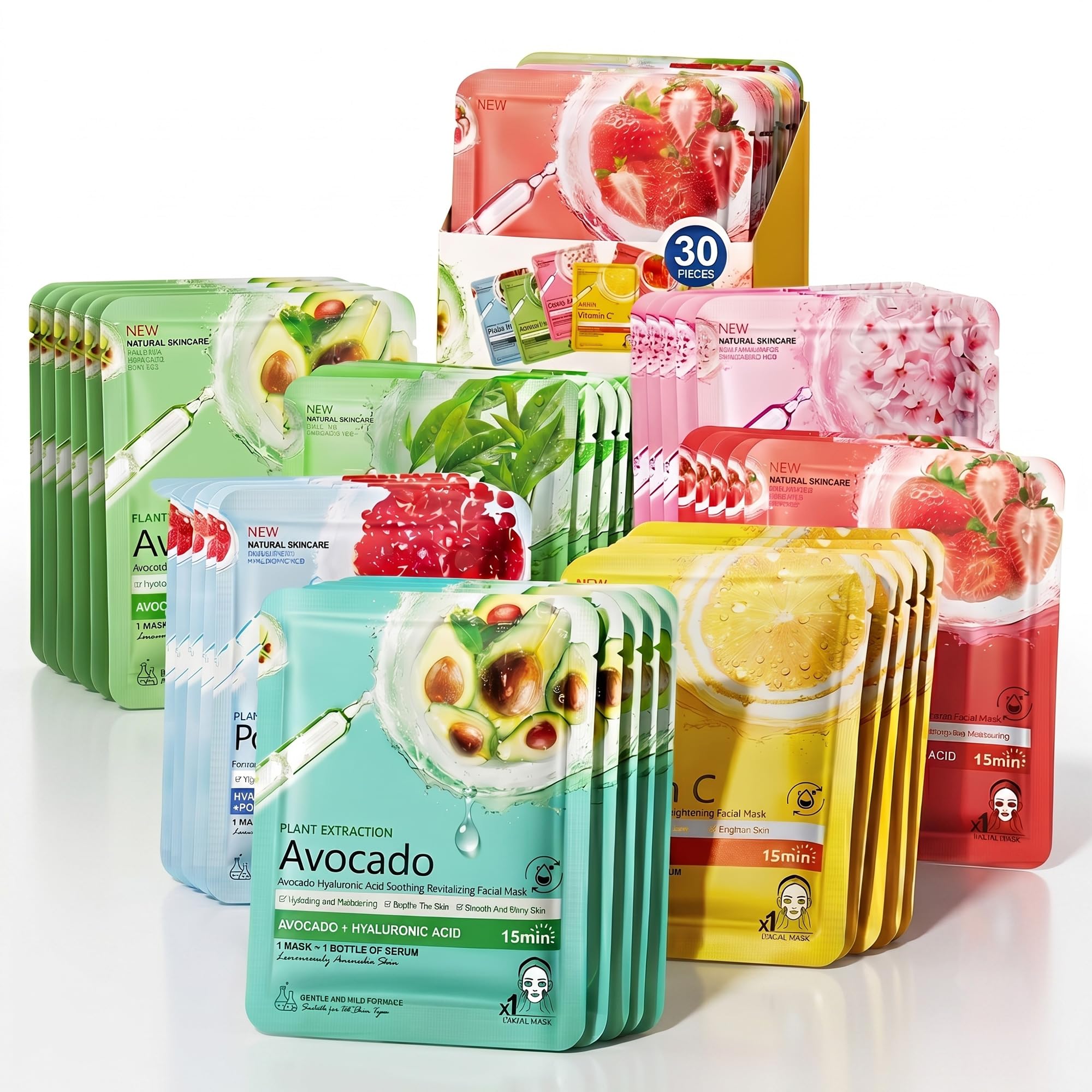 30-Piece Hydrating Face Masks Bulk, Sheet Masks for Skincare - Product Imagery