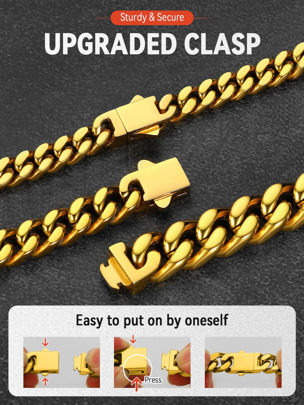 FaithHeart Stainless Steel Cuban Link Bracelet for Men, 5/7/9/12mm Width – back view and specifications