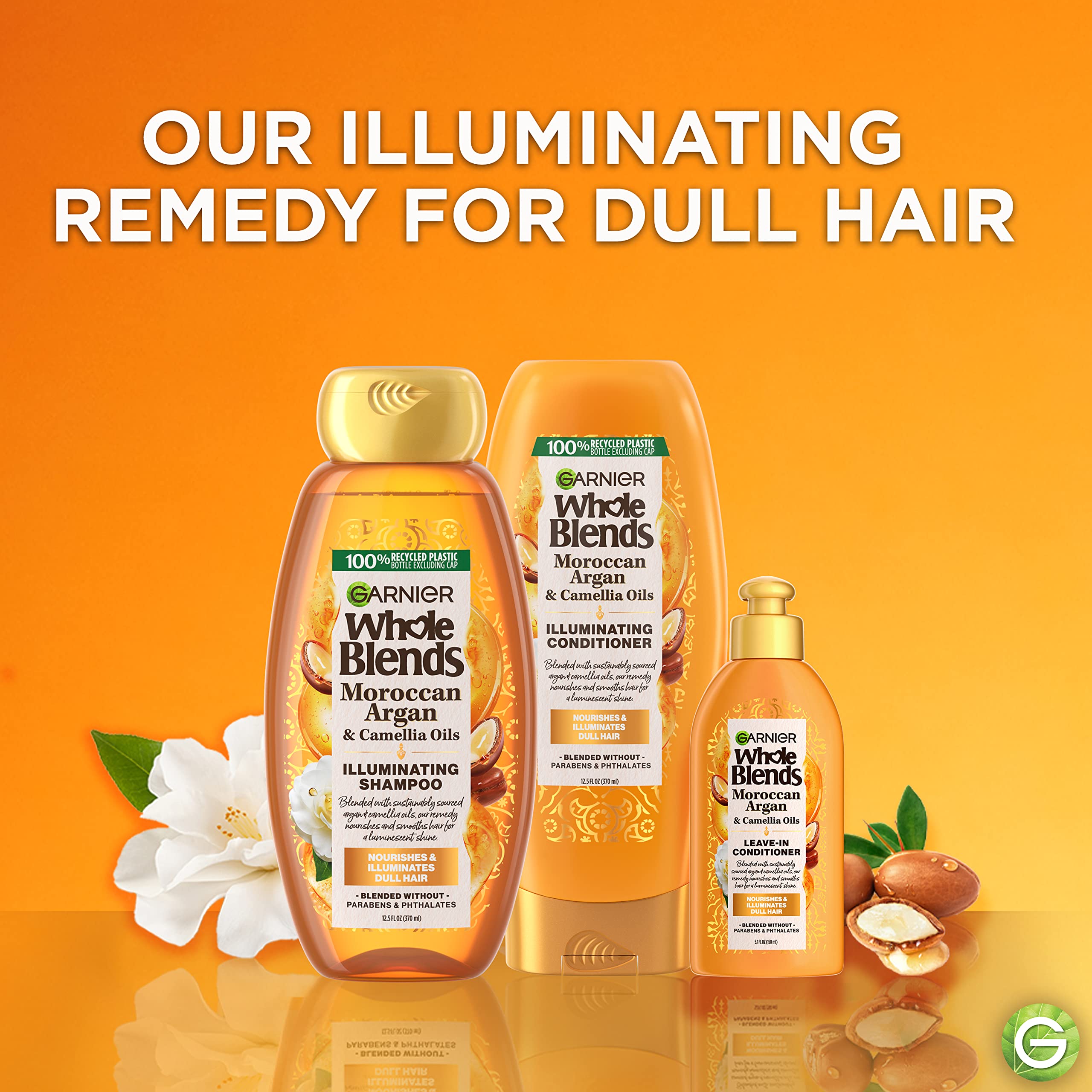 Three bottles of Garnier Whole Blends Argan & Camellia Shampoo, featuring the product label and packaging in a 3-pack.