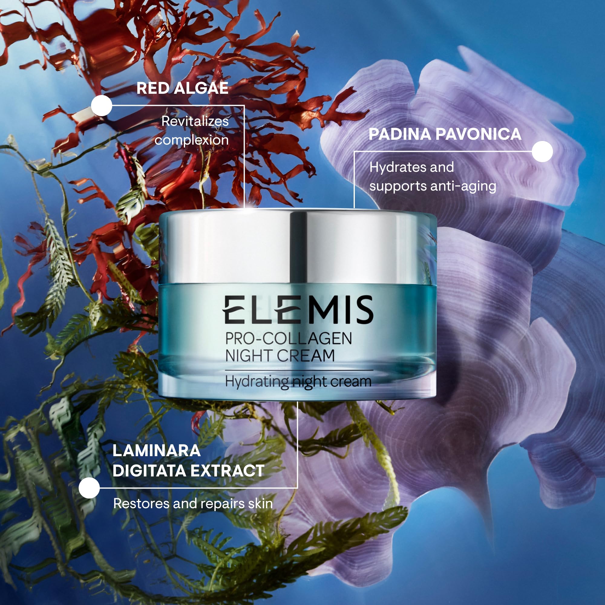 ELEMIS Pro-Collagen Night Cream face moisturizer in a 50ml jar, ultra-rich luxury skincare for deep hydration and anti-aging.