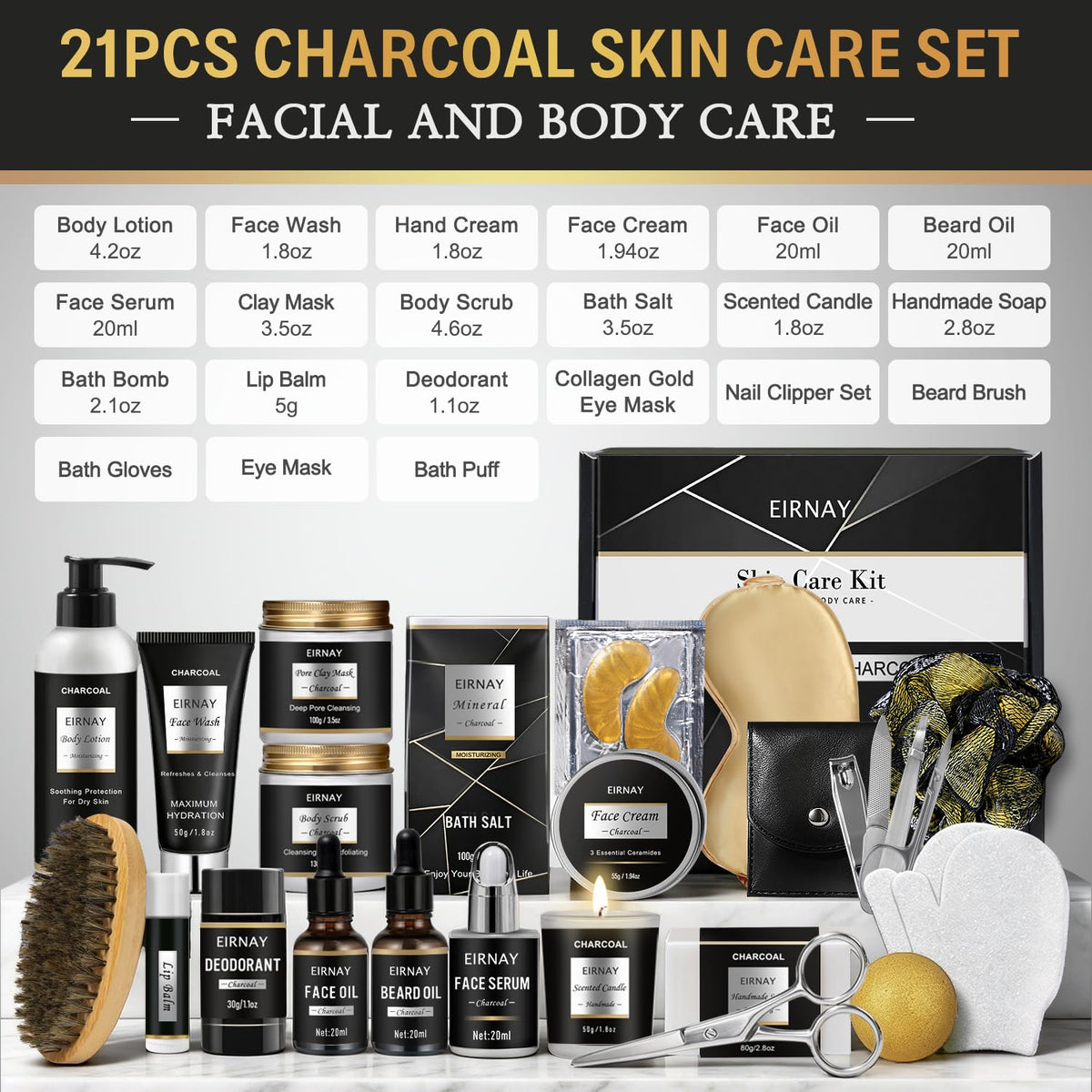 EIRNAY Gifts for Men, 21PCS Spa Gift Basket Set for Men, Charcoal Skin Care Set – close-up detail