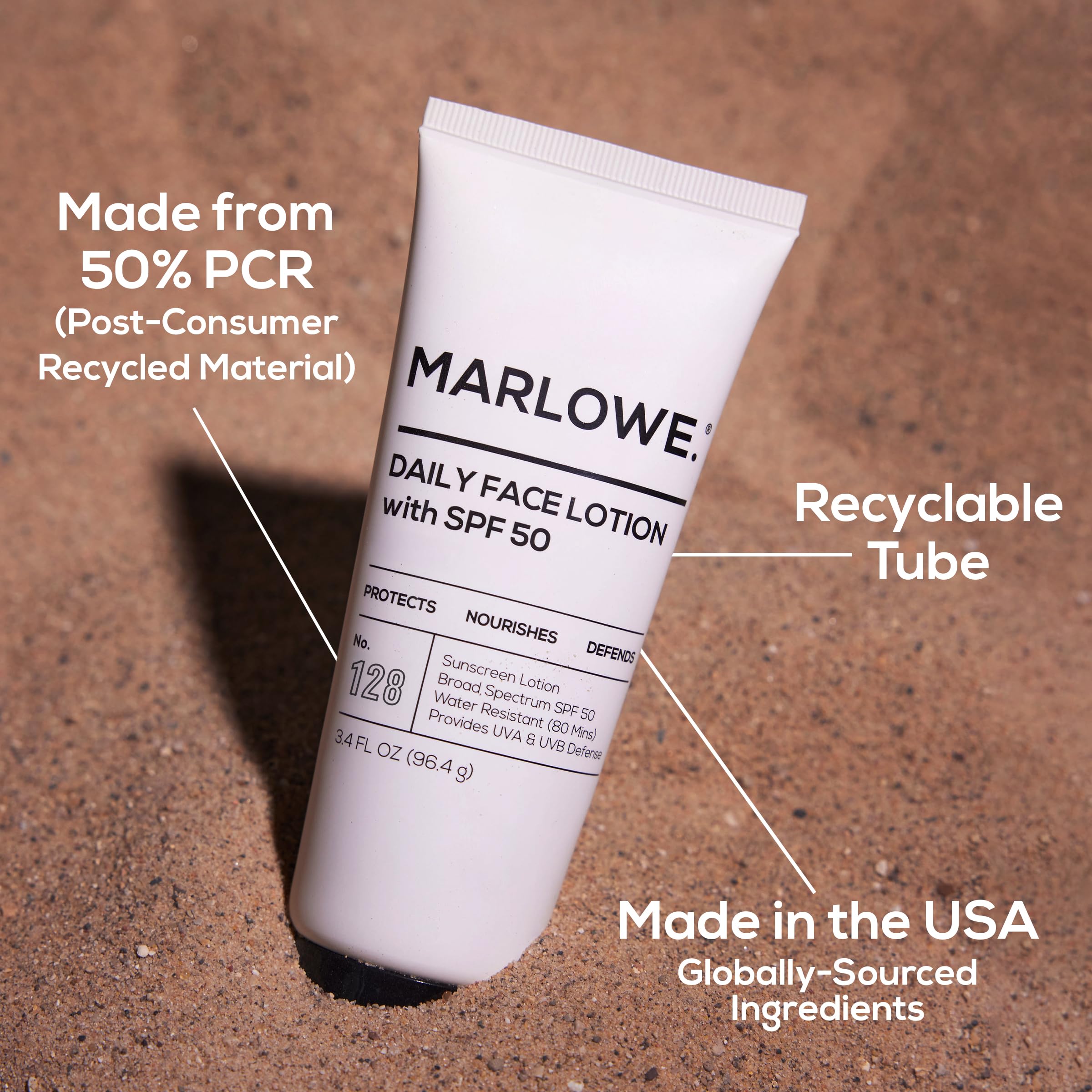 MARLOWE. face moisturizer with SPF 50 in a 3.4 oz bottle, daily sunscreen lotion for skincare protection.