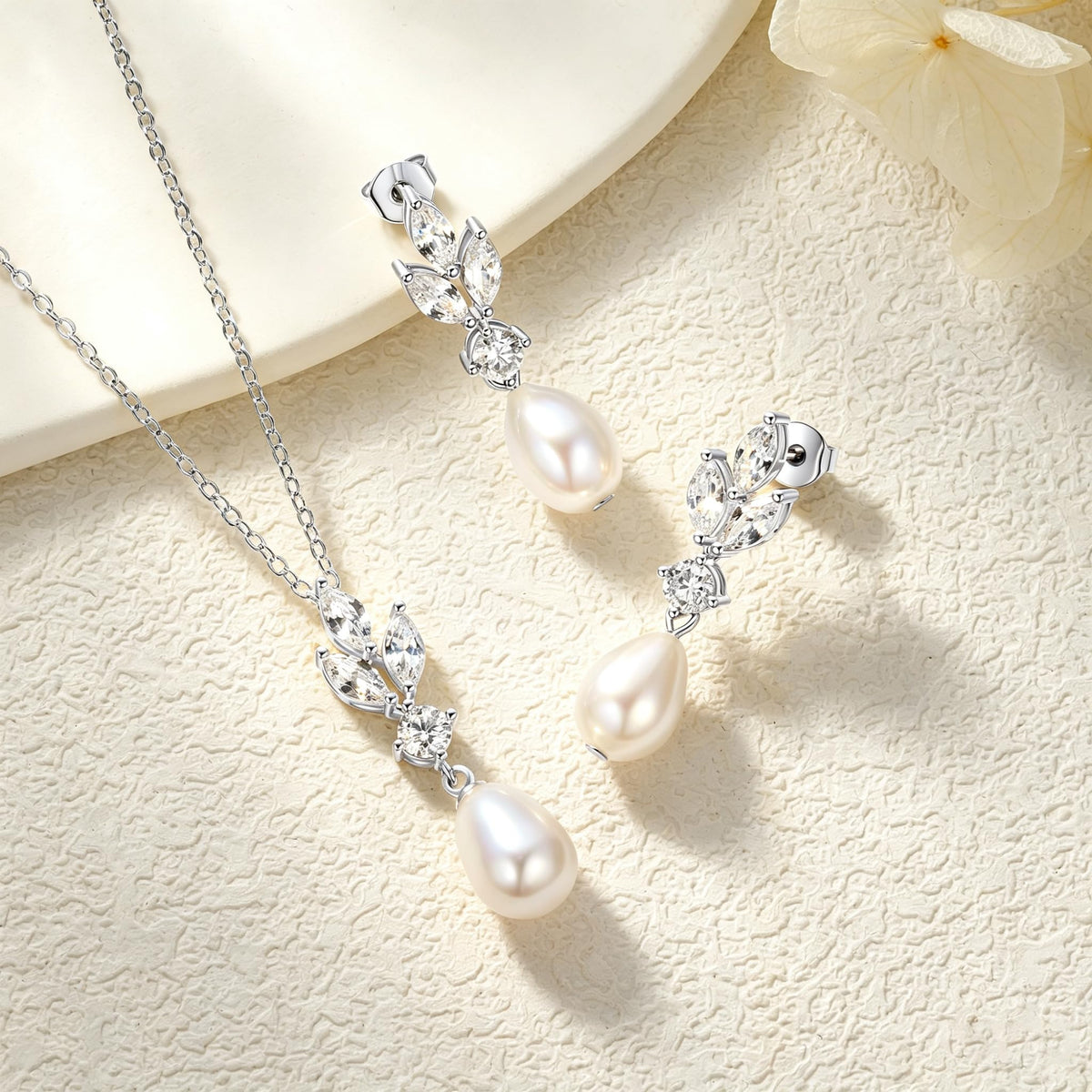 DENGGUANG Freshwater Pearl Jewelry Set for Women, White Pearl Pendant Necklace and Drop Earrings Set with Moissanite, We