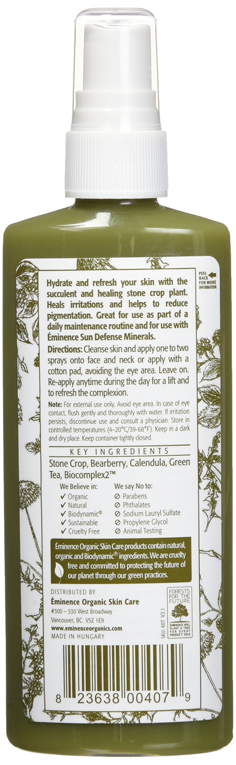 Eminence Organic Stone Crop Hydrating Mist in a 4.2-ounce spray bottle, designed to refresh and hydrate skin with natural ingredients.
