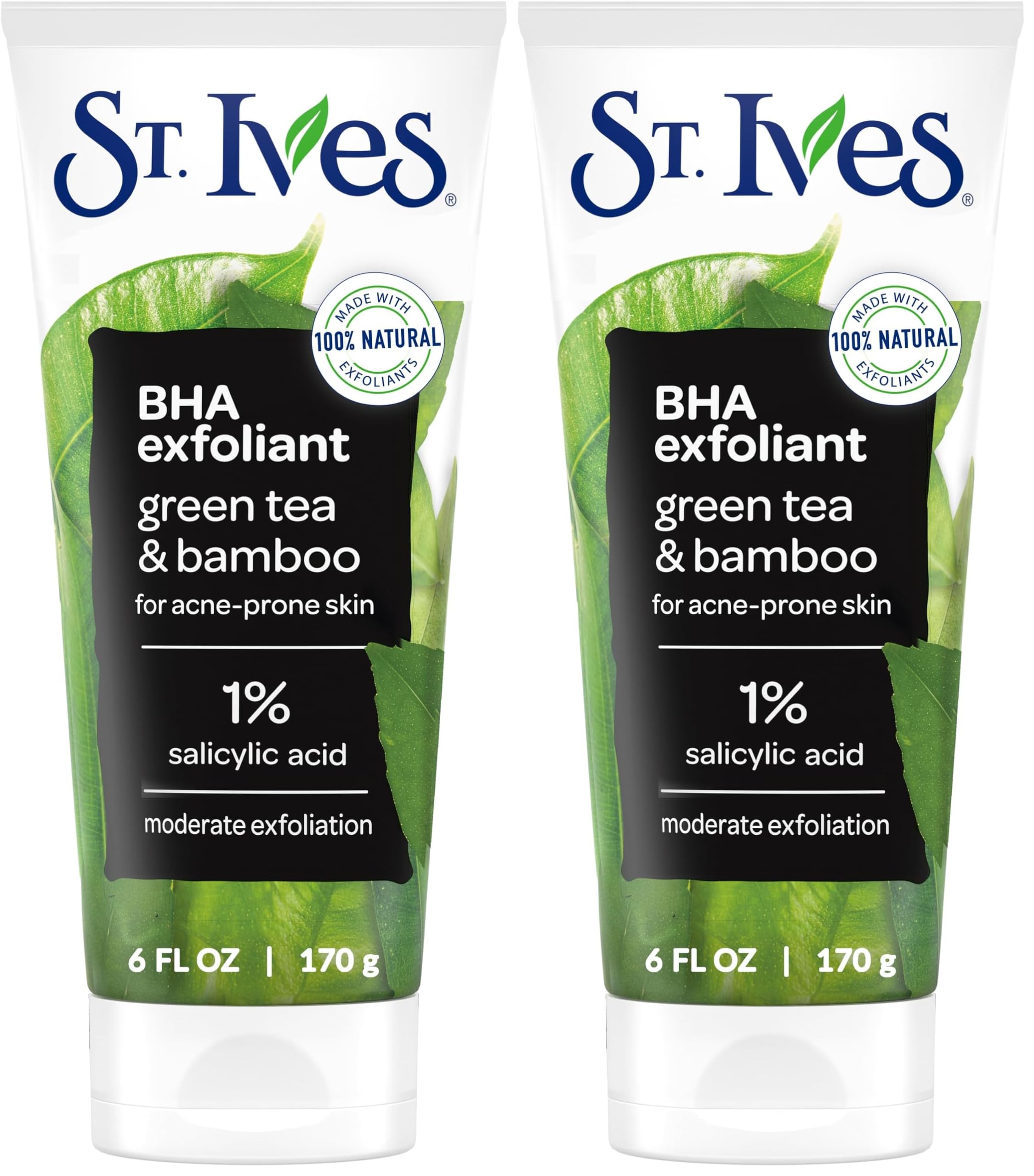 St. Ives Blackhead Clearing Face Scrub with green tea and bamboo, exfoliates and unclogs pores, 6 oz pack of two bottles.