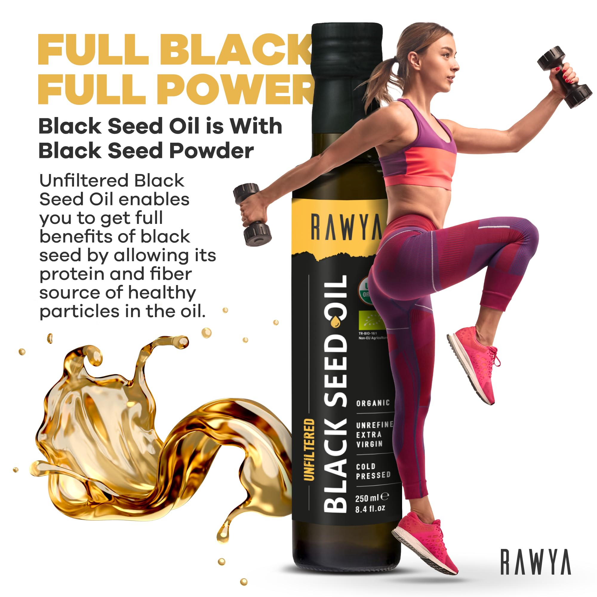 RAWYA black seed oil bottle showing dark glass container with label, highlighting cold-pressed, unfiltered, USDA organic edible oil.
