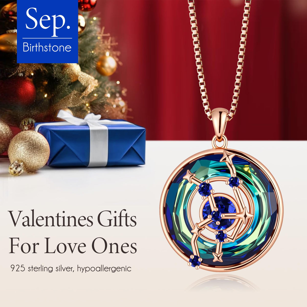 Distance S925 Sterling Silver Zodiac Constellation Birthstone Necklace for Women – close-up detail in 09-Virgo(8.23-9.22