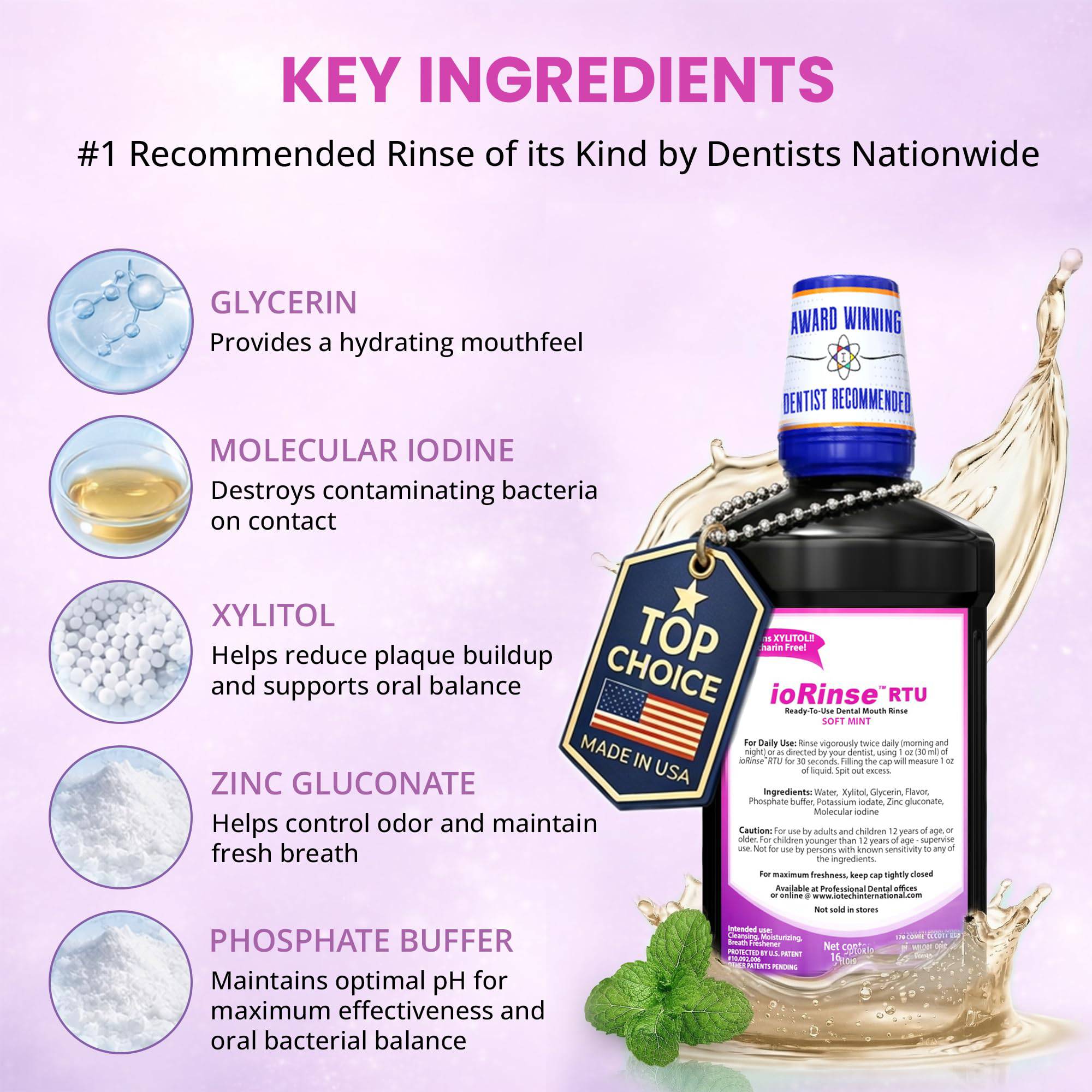 Iotech International ioRinse RTU Molecular Iodine Mouthwash in soft mint flavor, showing the bottle and label.