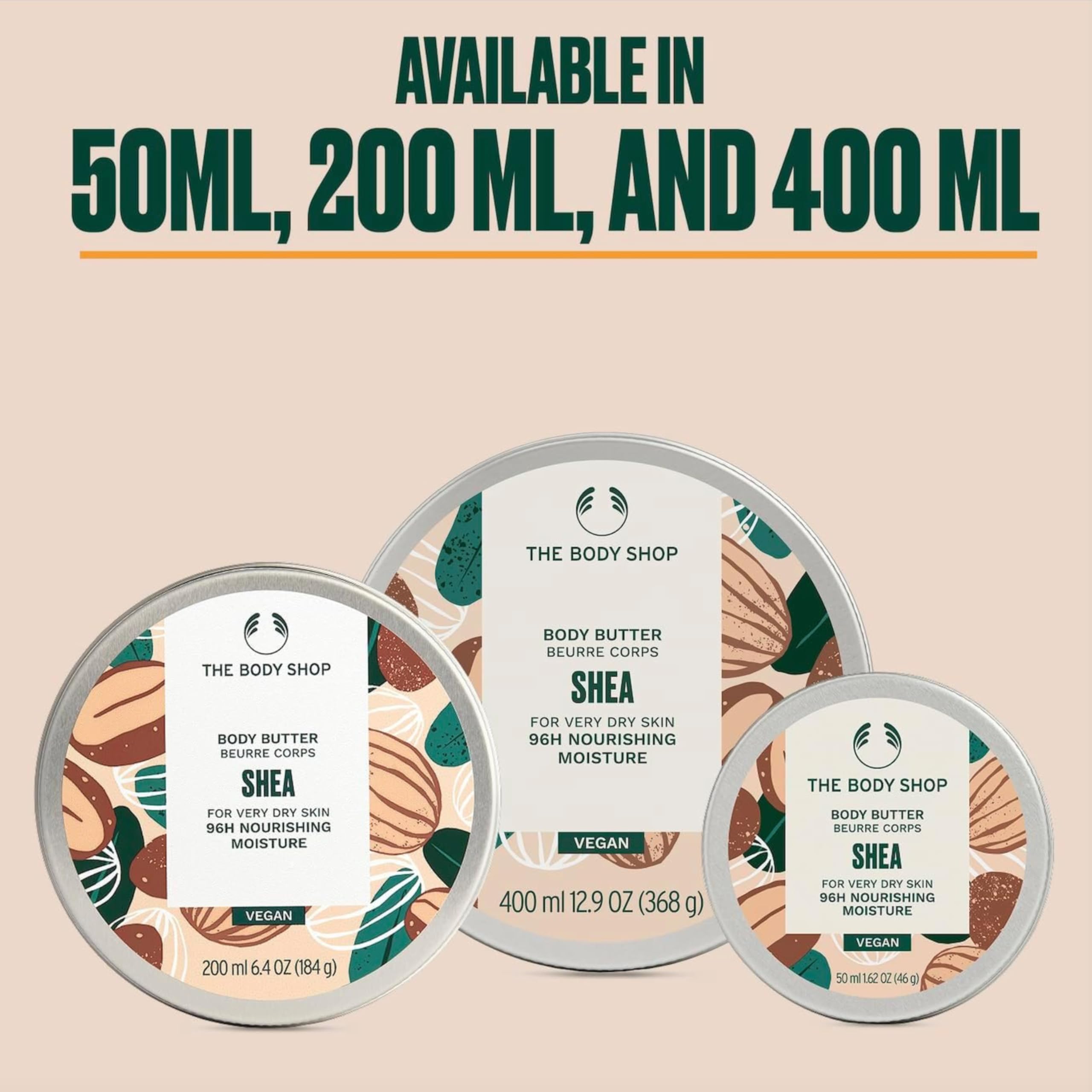 The Body Shop Shea Body Butter in 6.4 oz jar, creamy moisturizer with shea butter for 96-hour hydration and soft skin.