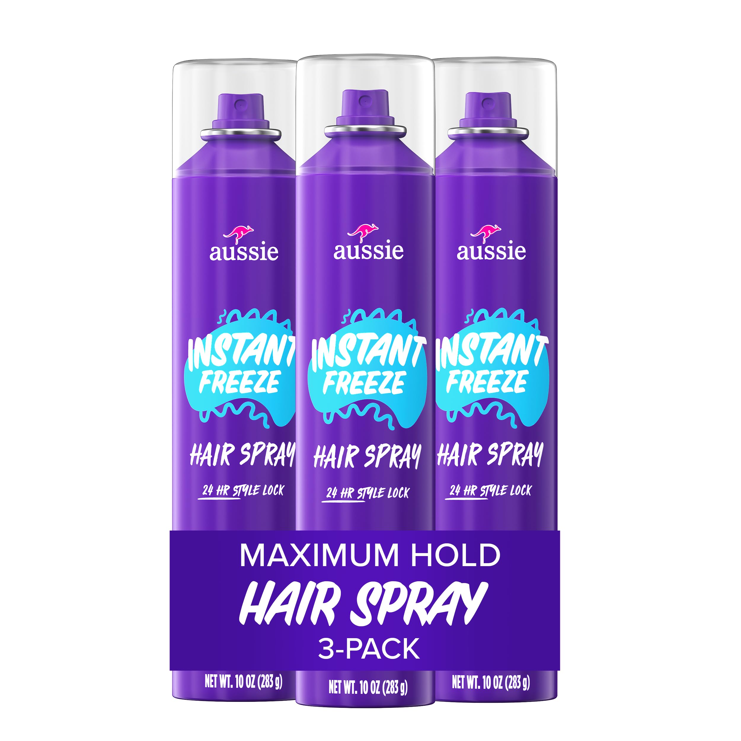 Aussie Instant Freeze Hair Spray, extreme hold, 10oz bottles, three-pack, perfect for strong, long-lasting hairstyle hold.