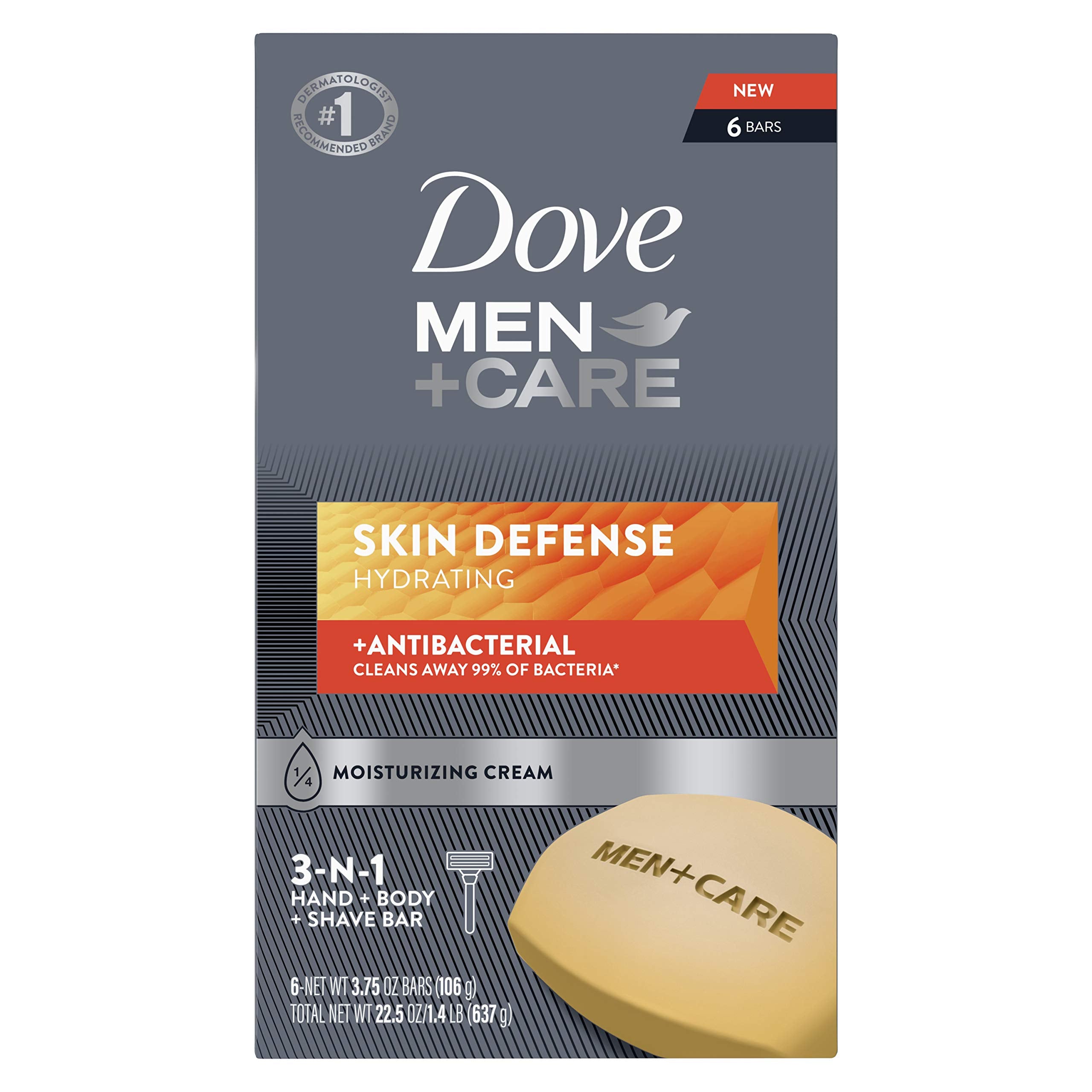 Dove Men+Care soap bar for skin cleansing, hydrating, and nourishing with a cream formula, 3.75 oz, pack of six.