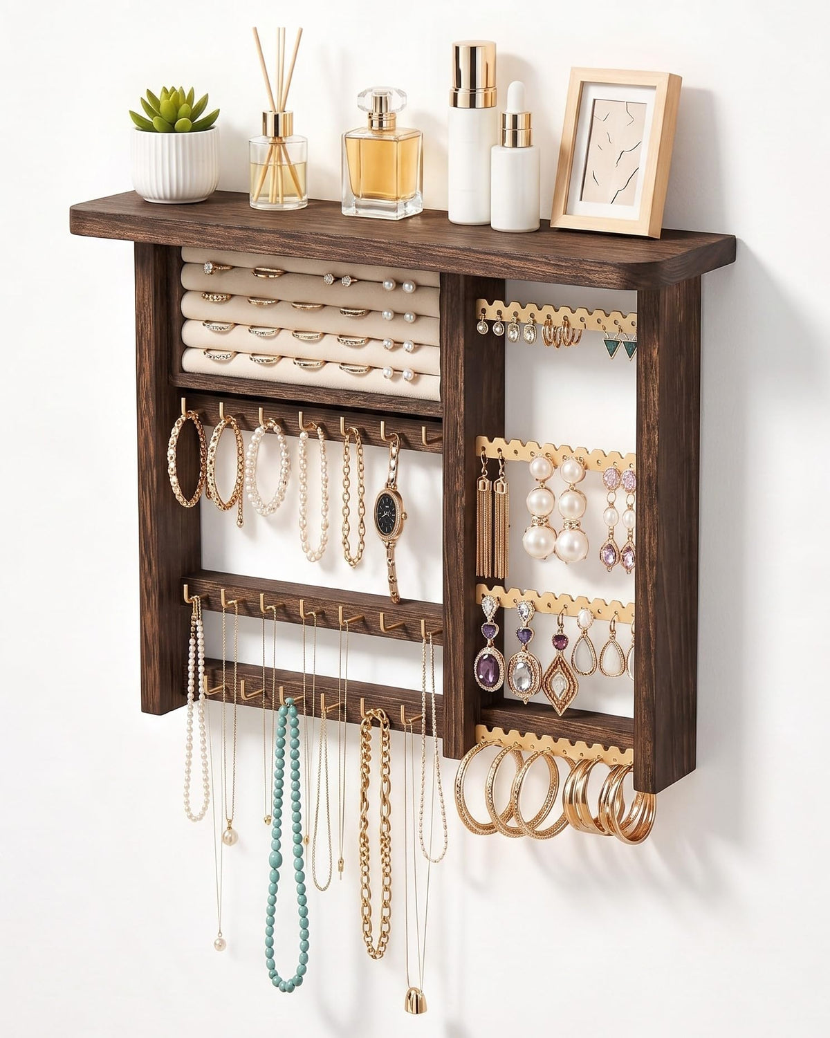 Lolalet Hanging Jewelry Organzier, Wall Mounted Wooden Jewelry Holder-Brown – product photo (Jewelry Organizers)