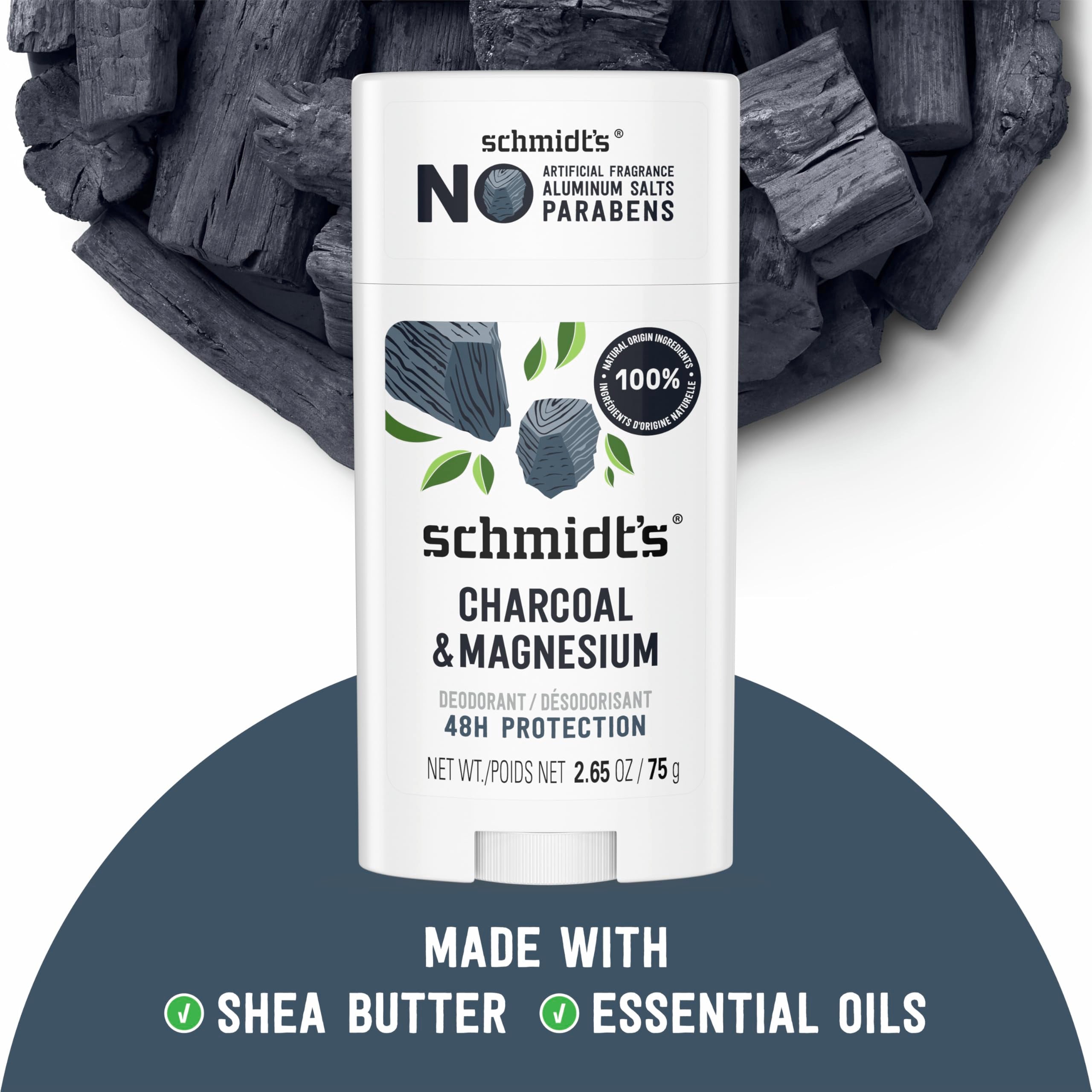 Schmidt's vegan charcoal and magnesium body deodorant stick, 2.65 oz, natural and aluminum-free deodorant for fresh underarms.