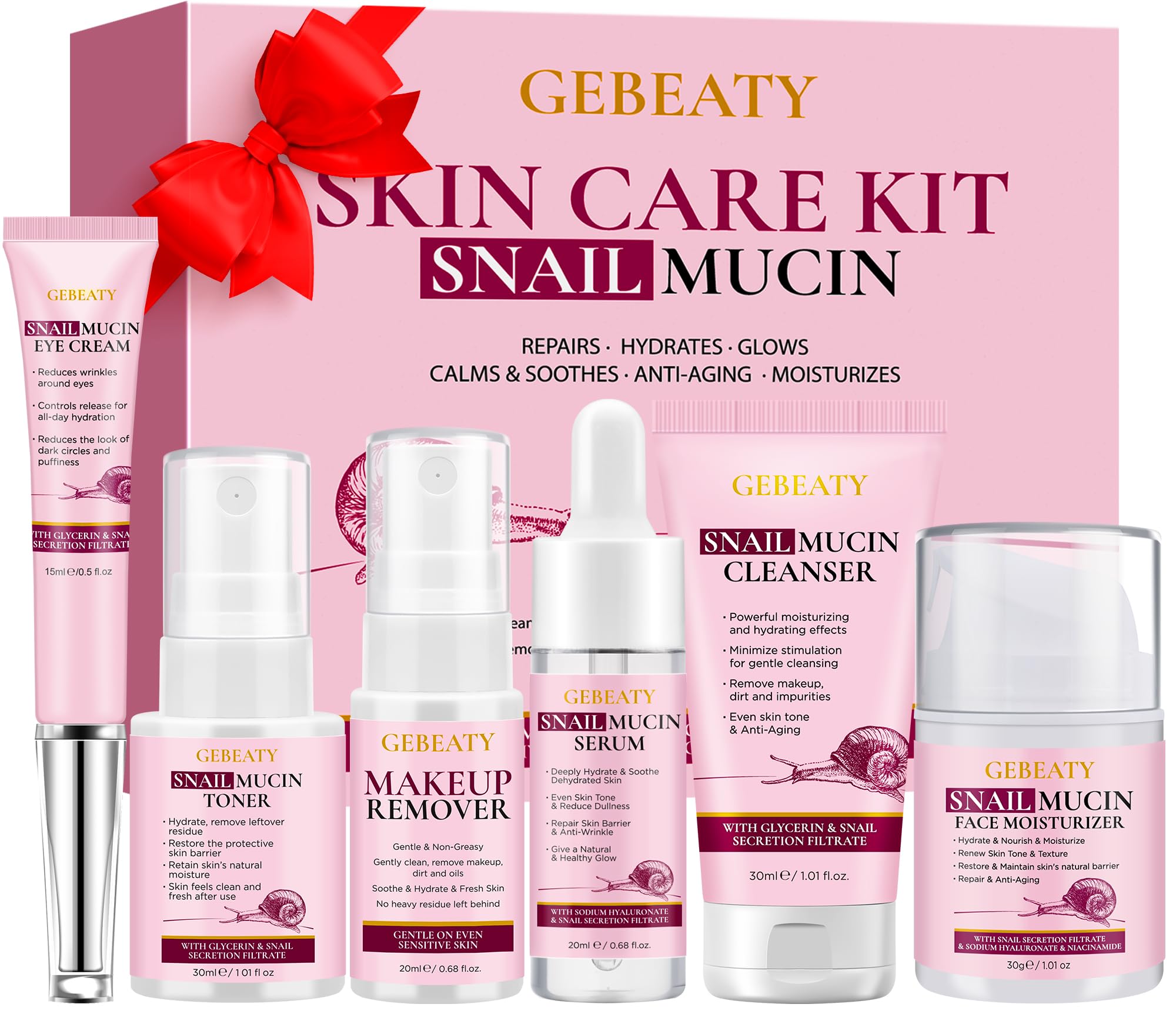 GEBEATY Skin Care Set, 6-Piece Snail Mucin Routine for Hydration - Product Imagery