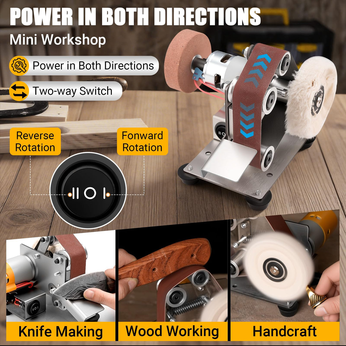 Sbestily Mini Electric Belt Sander, Jewelry Making Tool & Knife Sharpener – back view and specifications